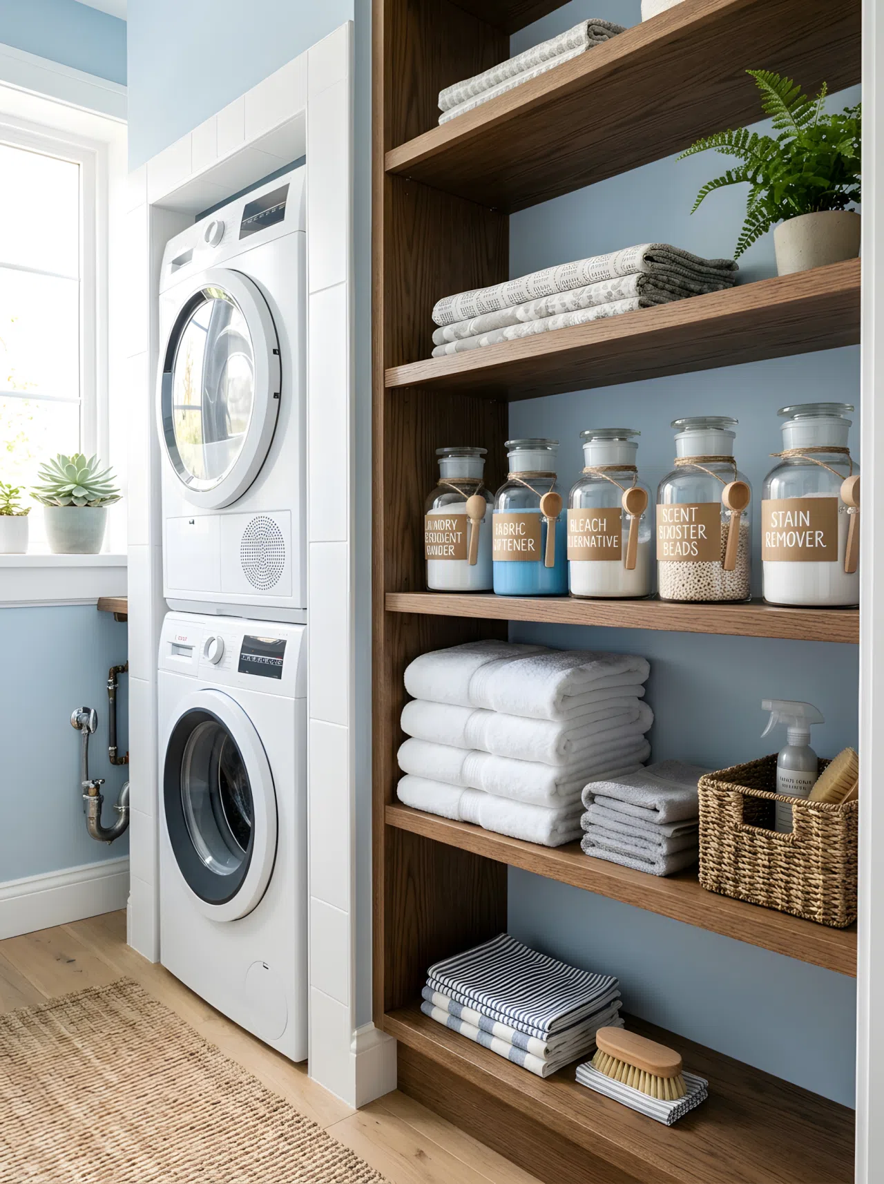 Real-life photograph of open shelving beside a stacked washer and dryer, matching glass apothecary jars beautifully arranged holding detergent and fabric softener with small wooden scoops, neatly organized folded towels nearby, bright natural light, clean vibrant styled composition, eye-level angle, no people