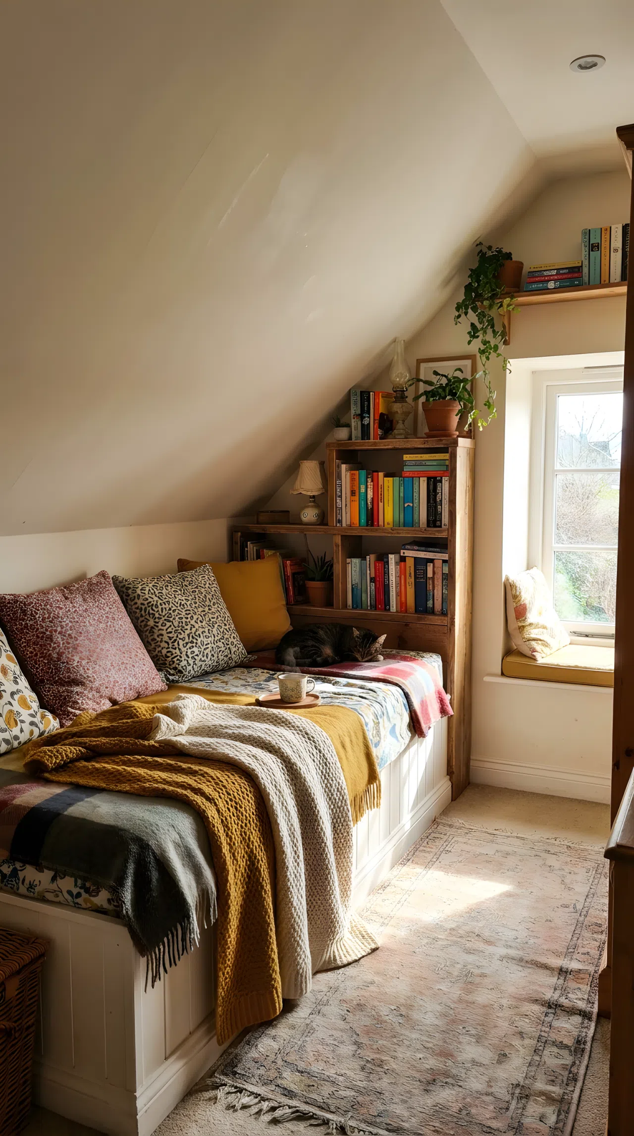 A cozy reading nook tucked under a sloped attic ceiling, neatly made daybed with cushions, small wooden bookshelf beautifully arranged with books, soft throw blanket, warm bright natural light streaming through a small window, organized and clean, real-life photography, Pinterest-ready, vibrant colors, no people, no text overlay