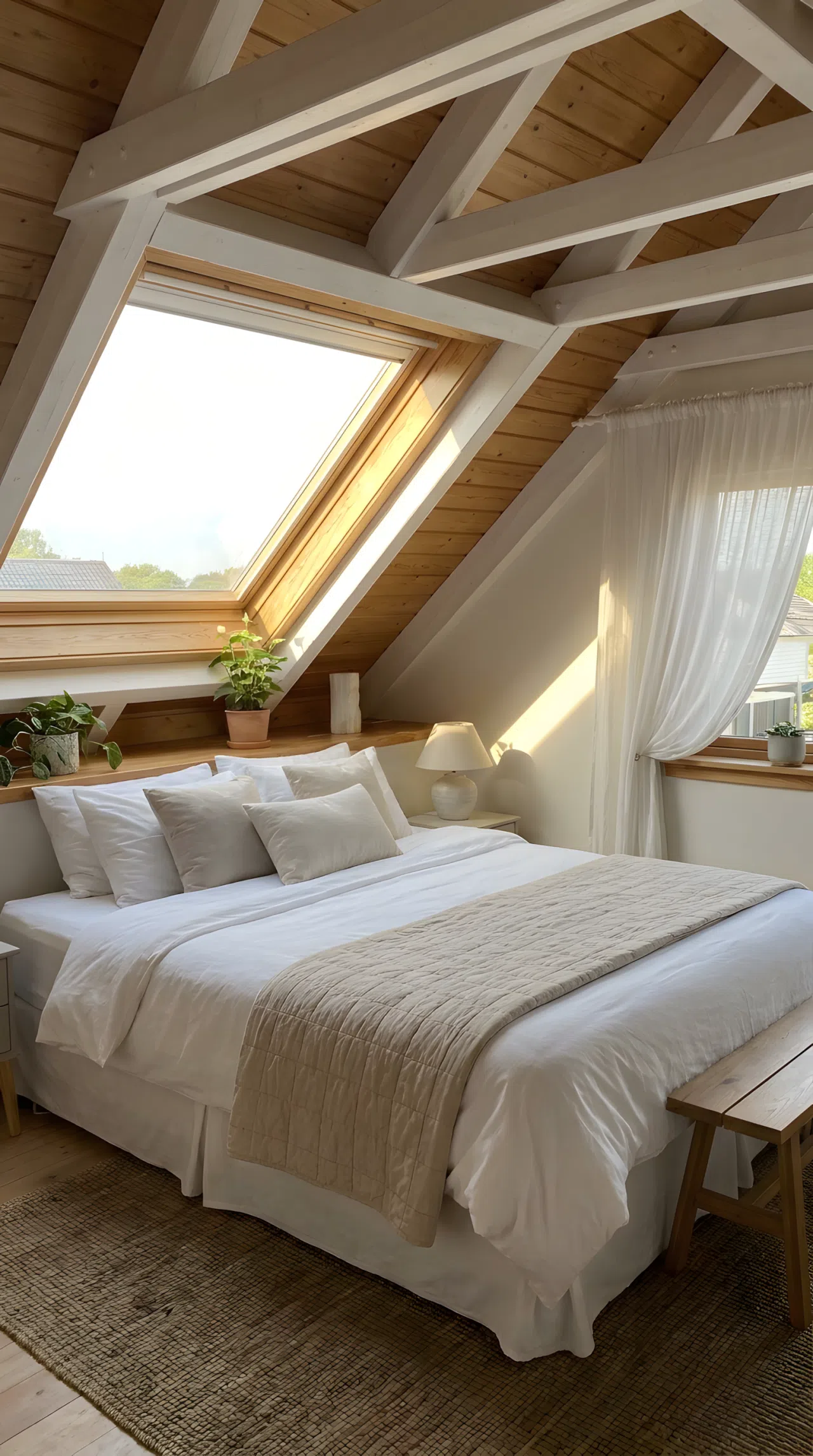 A bright attic bedroom with a skylight positioned directly above a neatly made bed, soft morning sunlight falling in a defined beam across the pillows, sheer white curtains, clean and organized room, bright natural light, real-life photography, Pinterest-ready, vibrant, no people, no text overlay