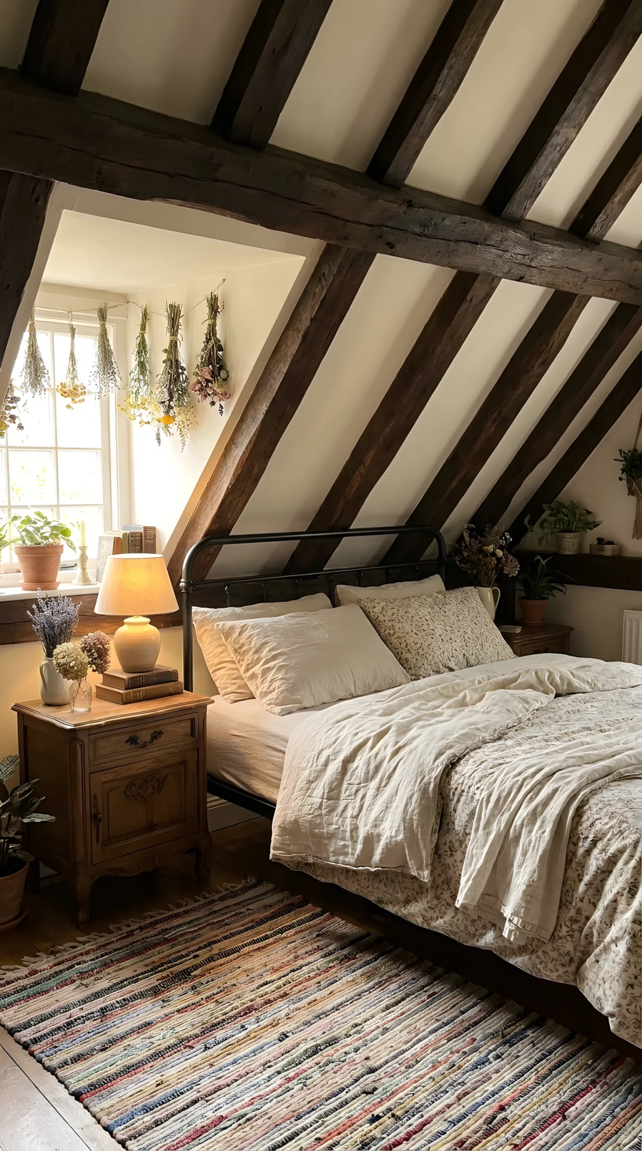 A cottagecore style attic bedroom with exposed wooden beams, neatly made bed with linen bedding, woven rug, vintage wooden nightstand beautifully arranged with a small lamp, dried flowers hanging near a window, bright natural light, clean and organized, real-life photography, Pinterest-ready, vibrant, no people, no text overlay