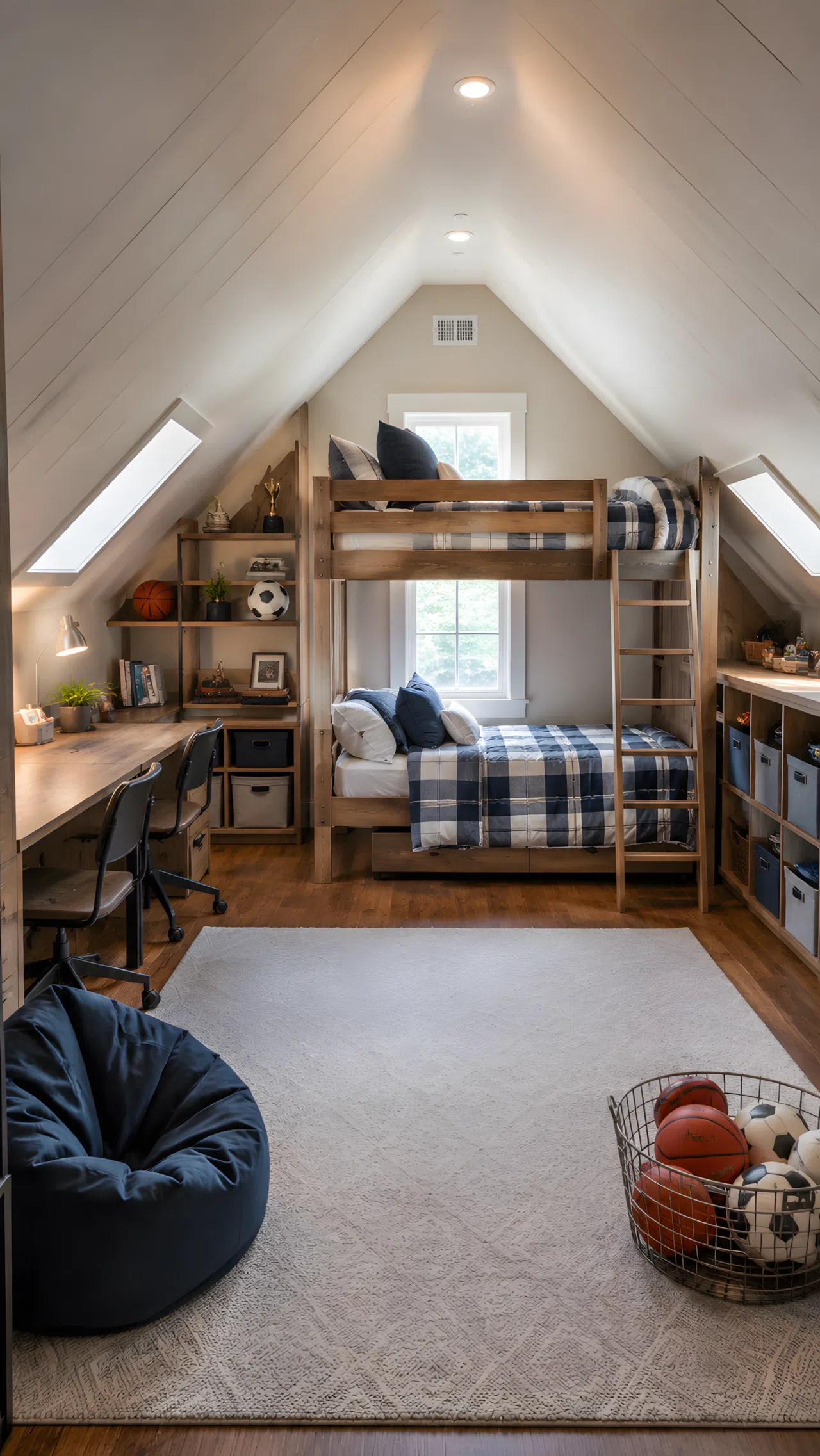 An attic bedroom for two boys with a neatly made wooden bunk bed positioned under the tallest ceiling point, organized shared desk, storage bins along the sloped walls, shelf beautifully arranged with sports items, bright natural light, clean and organized, real-life photography, Pinterest-ready, vibrant colors, no people, no text overlay