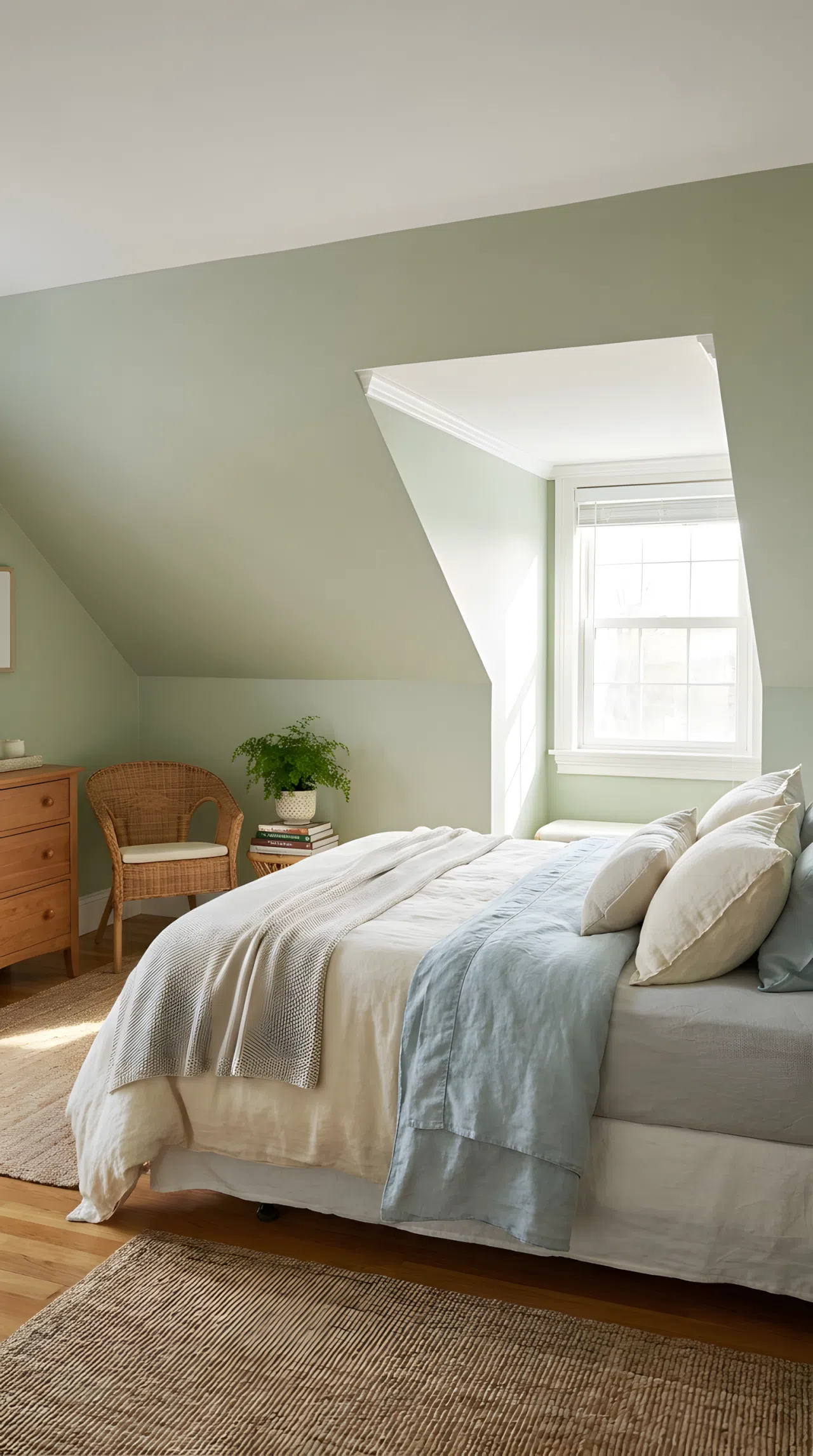 A calm attic bedroom with soft sage green walls (RGB 180, 195, 168), white trim along the sloped ceiling, neatly made bed with organized bedding, bright natural light, clean and beautifully arranged furniture, real-life photography, Pinterest-ready, vibrant, no people, no text overlay
