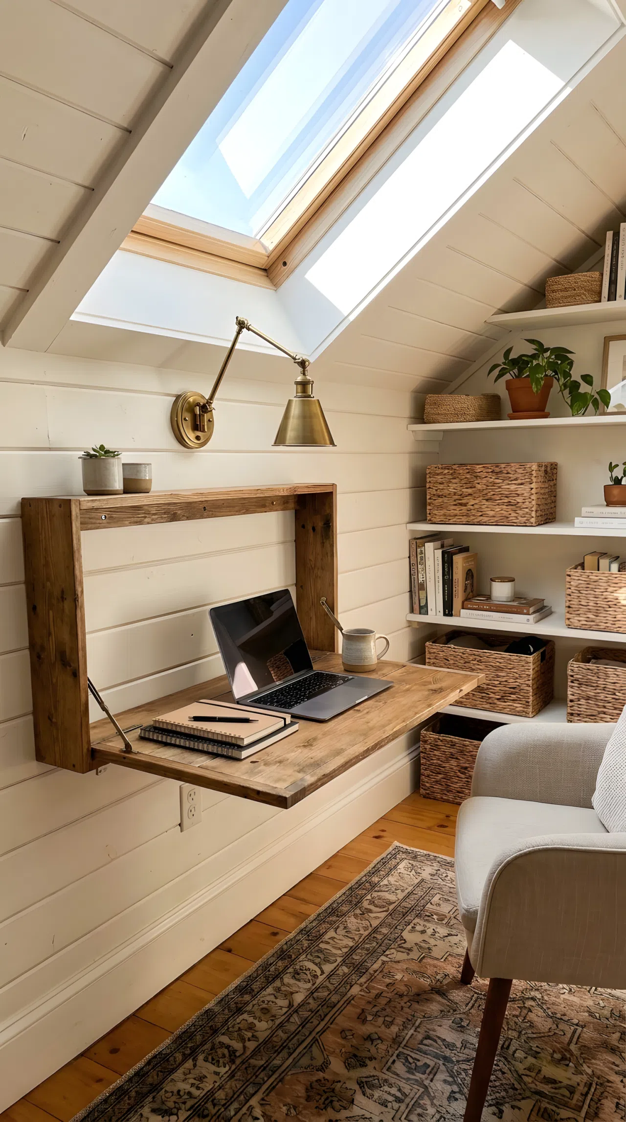 A small attic workspace with a fold-down wooden desk mounted flat against a sloped wall, neatly arranged desk surface, wall-mounted lamp, organized and clean, bright natural light, real-life photography, Pinterest-ready, vibrant, no people, no text overlay