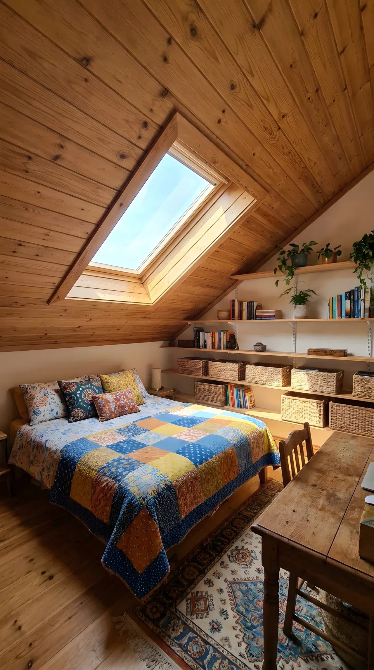 An attic bedroom with wood panel cladding along the sloped ceiling, visible natural wood grain, neatly made bed below, organized and clean space, bright natural light, real-life photography, Pinterest-ready, vibrant colors, no people, no text overlay