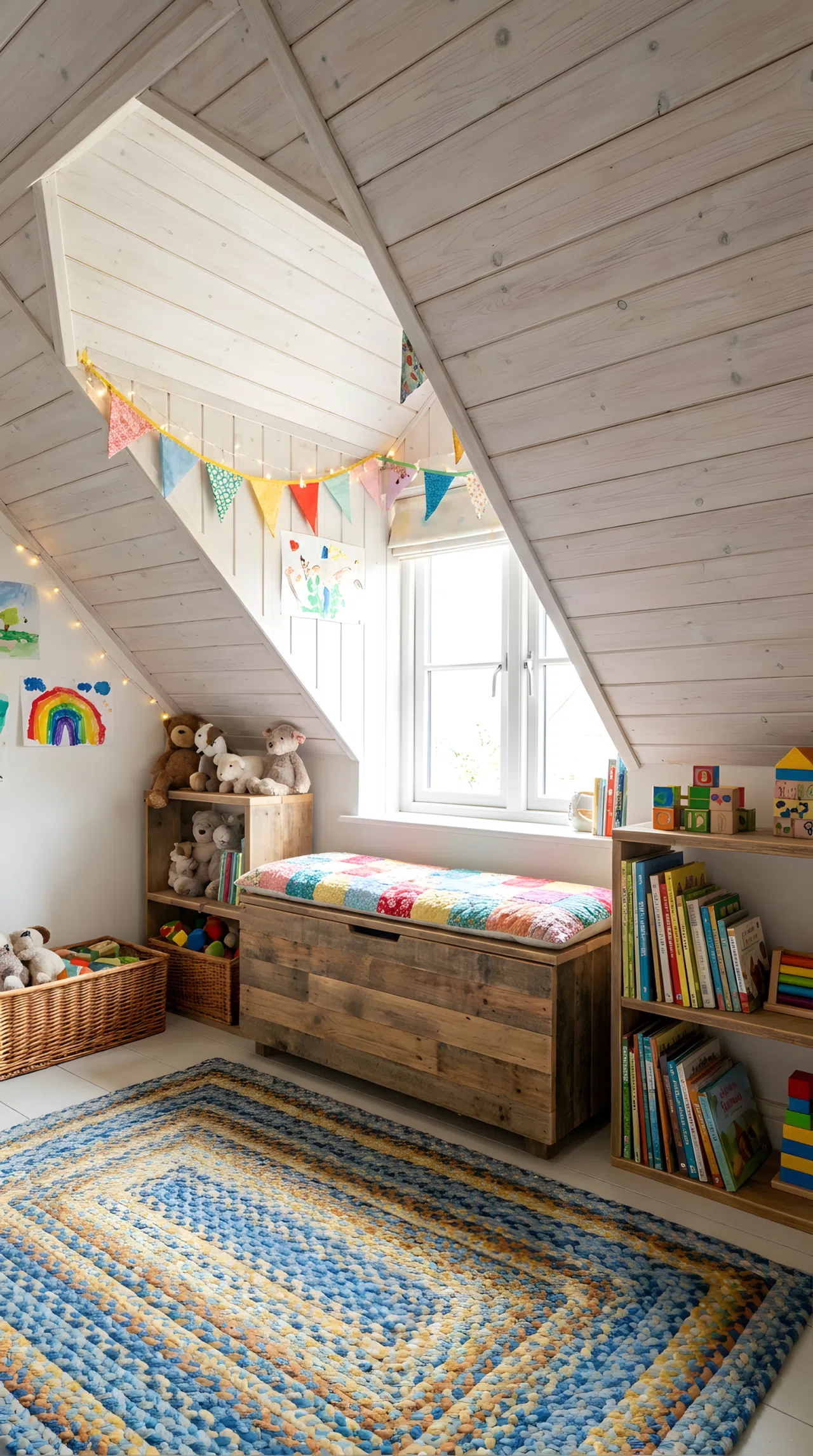 A kids attic bedroom corner with a low wooden toy chest used as a bench under a sloped ceiling, soft rug beautifully arranged nearby, neatly organized toys, bright natural light, clean and tidy, real-life photography, Pinterest-ready, vibrant colors, no people, no text overlay