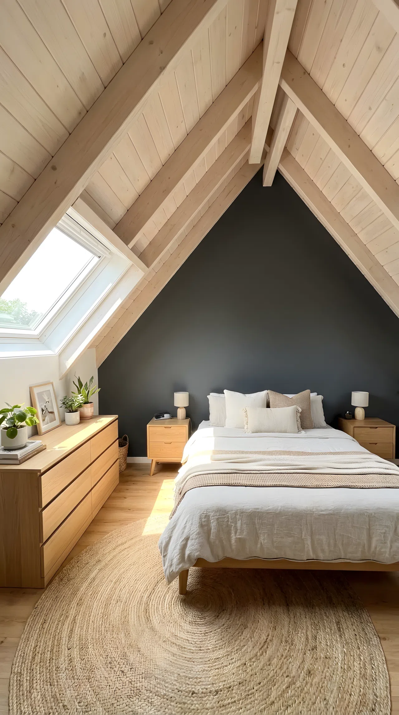 A bold attic bedroom with a charcoal accent wall (RGB 54, 54, 54) on the tallest wall, light wood furniture, pale ceiling, neatly made bed, organized and clean, bright natural light, real-life photography, Pinterest-ready, vibrant, no people, no text overlay