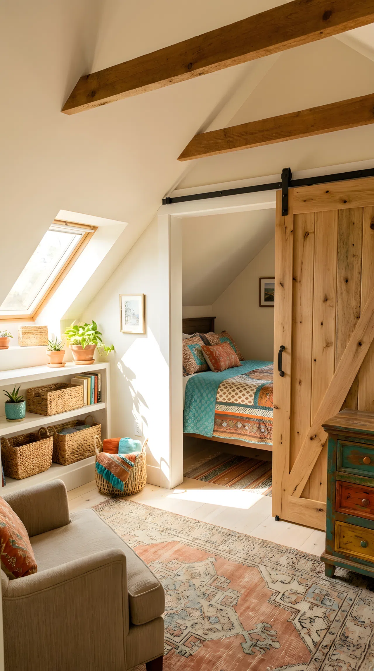 An attic bedroom with a natural wood sliding barn door dividing the sleeping nook, neatly made bed visible through the opening, organized and clean space, bright natural light, real-life photography, Pinterest-ready, vibrant colors, no people, no text overlay
