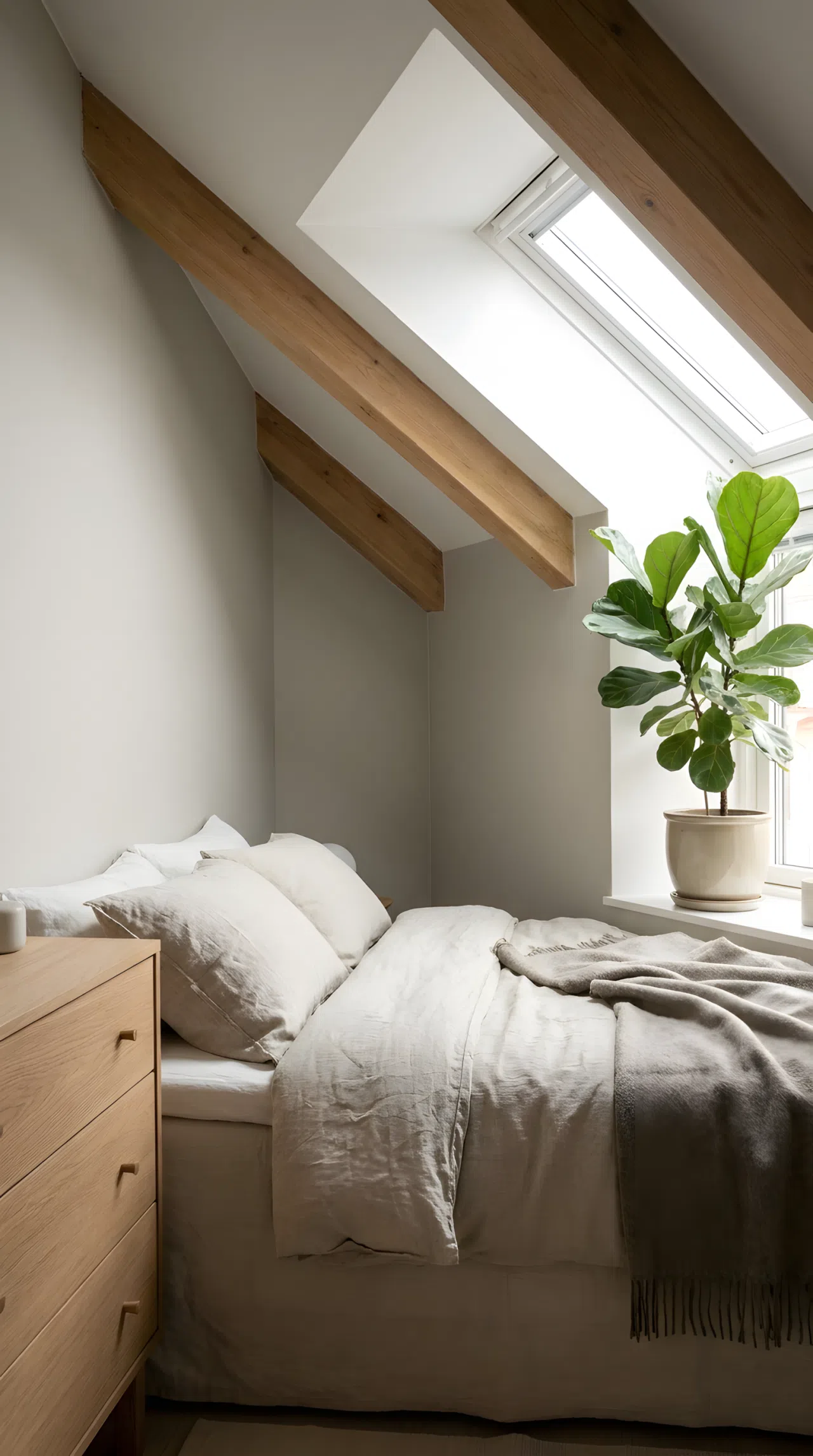 A minimalist Scandinavian attic bedroom with neutral oatmeal and soft grey tones, neatly made bed, small wooden dresser, single plant beautifully arranged, clean and organized, bright natural light, real-life photography, Pinterest-ready, vibrant, no people, no text overlay