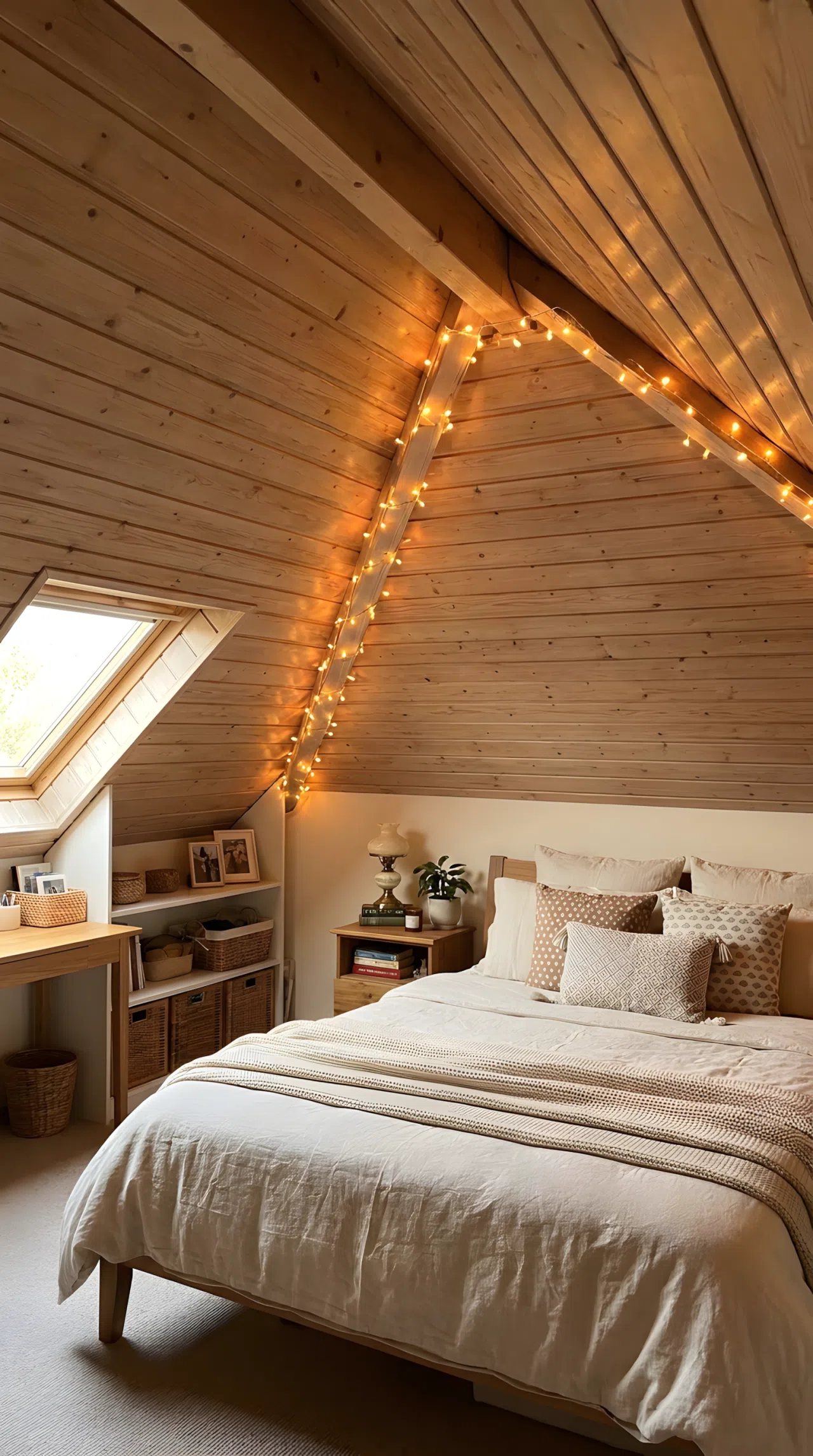 An attic bedroom with warm white string lights positioned along the ridge beam of a sloped ceiling, soft glowing light effect, neatly made bed below, organized and clean, real-life photography, Pinterest-ready, vibrant, no people, no text overlay