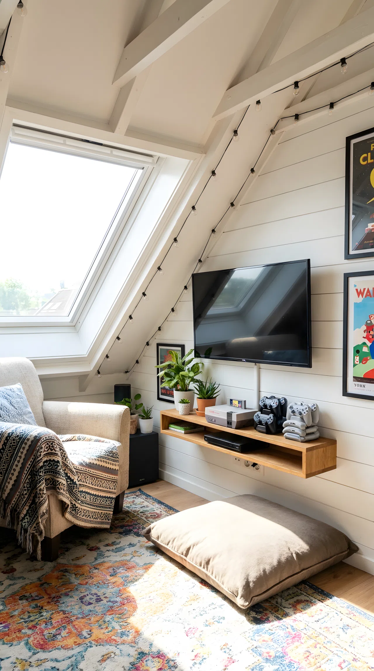 A teen boy's attic gaming corner with a small shelf beautifully arranged with a console and controllers, comfortable chair, wall-mounted screen, floor cushion, organized and clean, bright natural light, real-life photography, Pinterest-ready, vibrant colors, no people, no text overlay