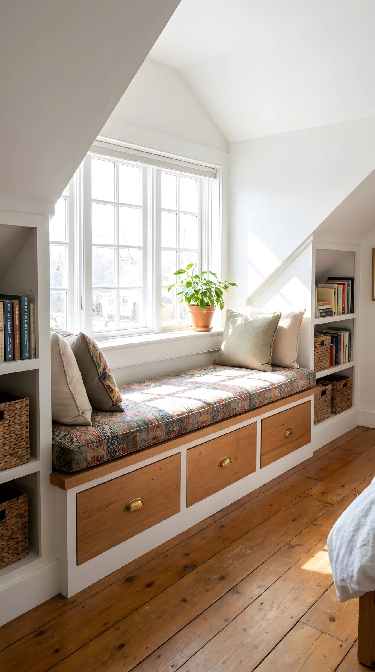An attic bedroom dormer window seat with a neatly made cushioned bench, hidden storage drawers beneath, bright natural light pouring through the window, organized and clean, real-life photography, Pinterest-ready, vibrant colors, no people, no text overlay