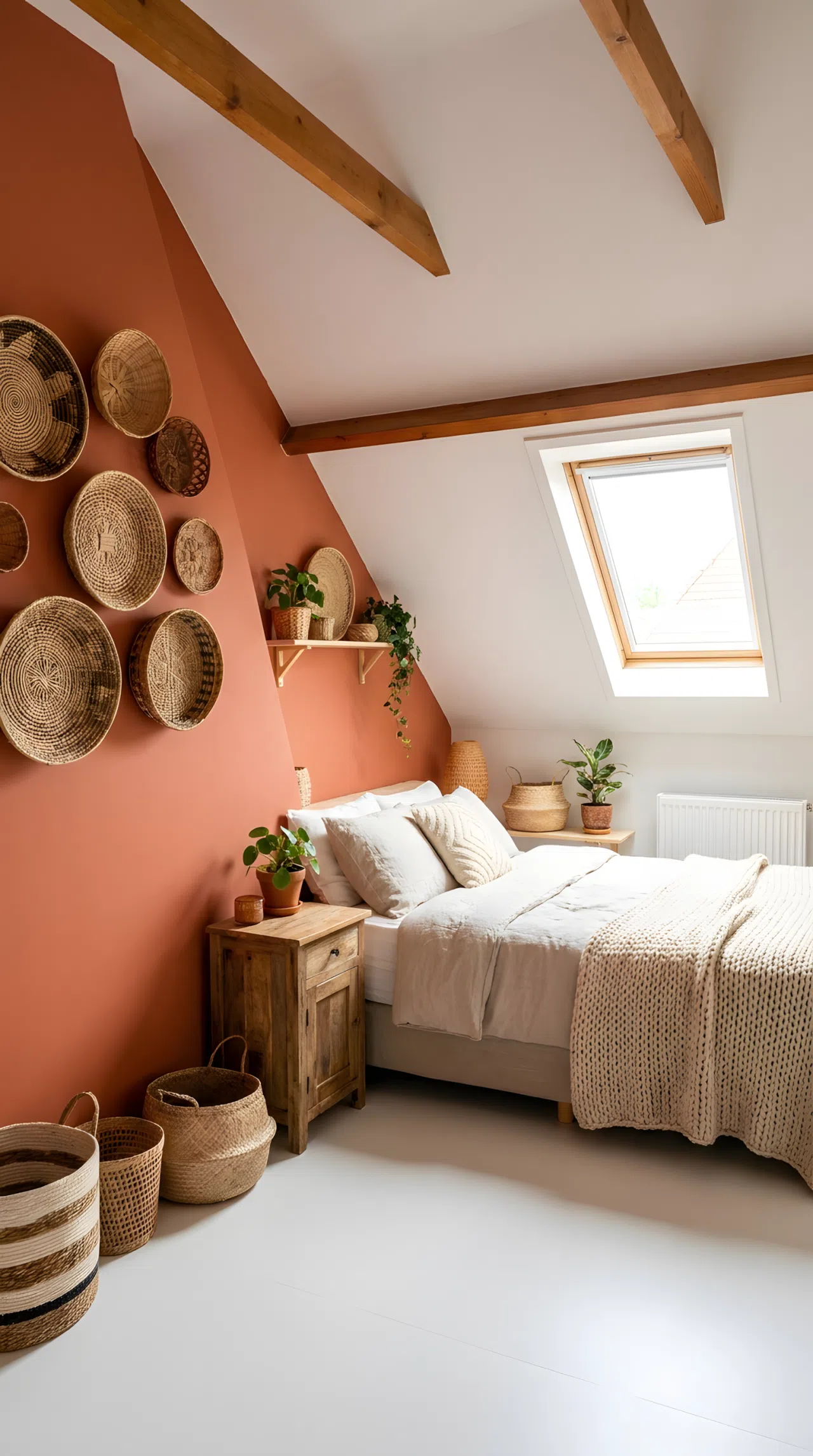 A cozy attic bedroom with a terracotta accent wall (RGB 204, 108, 78) on one sloped side, soft white walls elsewhere, woven baskets beautifully arranged, warm wood accents, neatly made bed, bright natural light, real-life photography, Pinterest-ready, vibrant, no people, no text overlay