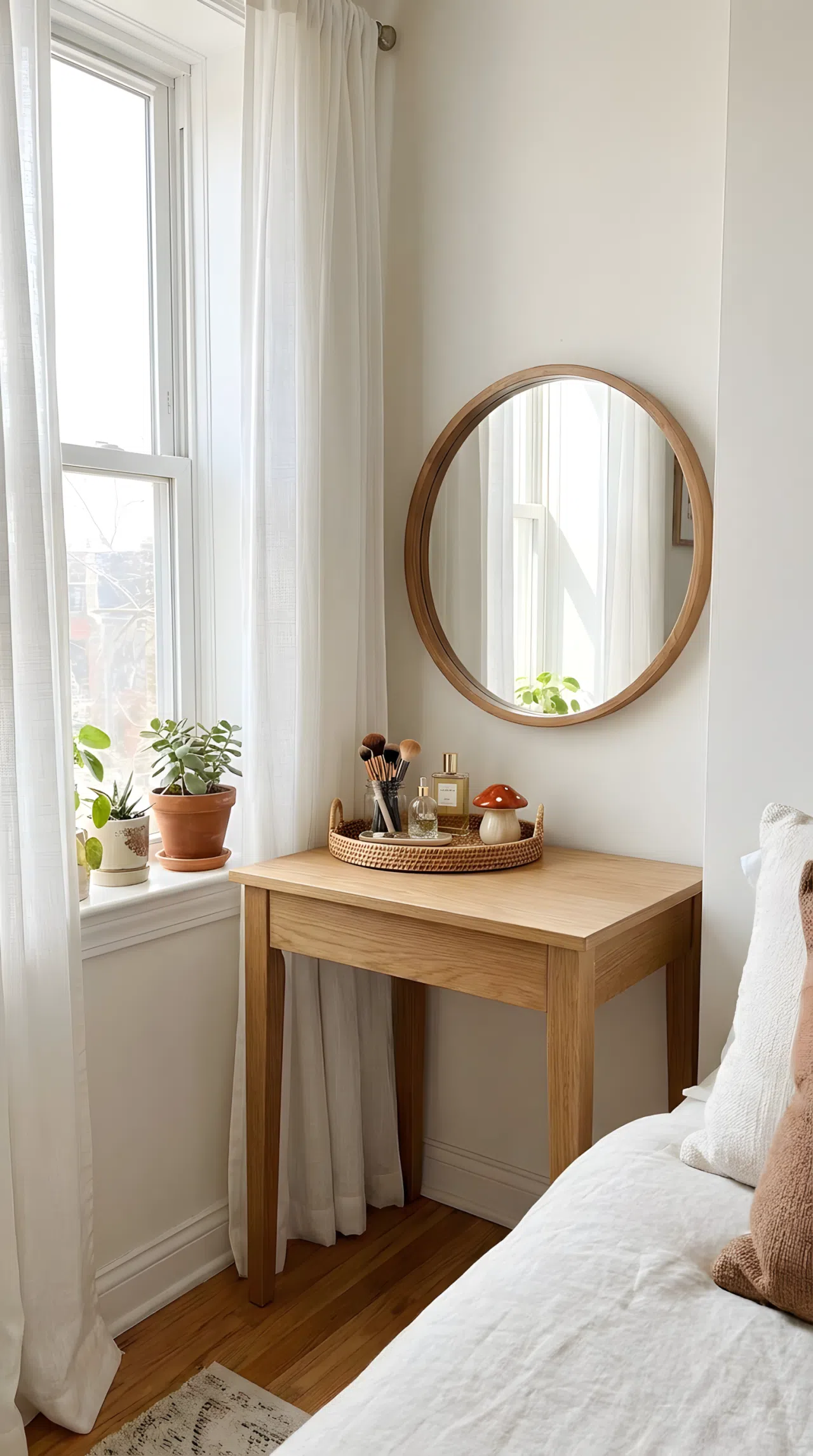 Real-life photo of a small corner bedroom vanity tucked near a window, slim wood table, round mirror, neatly made surface with organized makeup items, small red mushroom toy figurine placed on the tray, bright natural light streaming in, clean and beautifully arranged, stock photography style, vibrant colors.