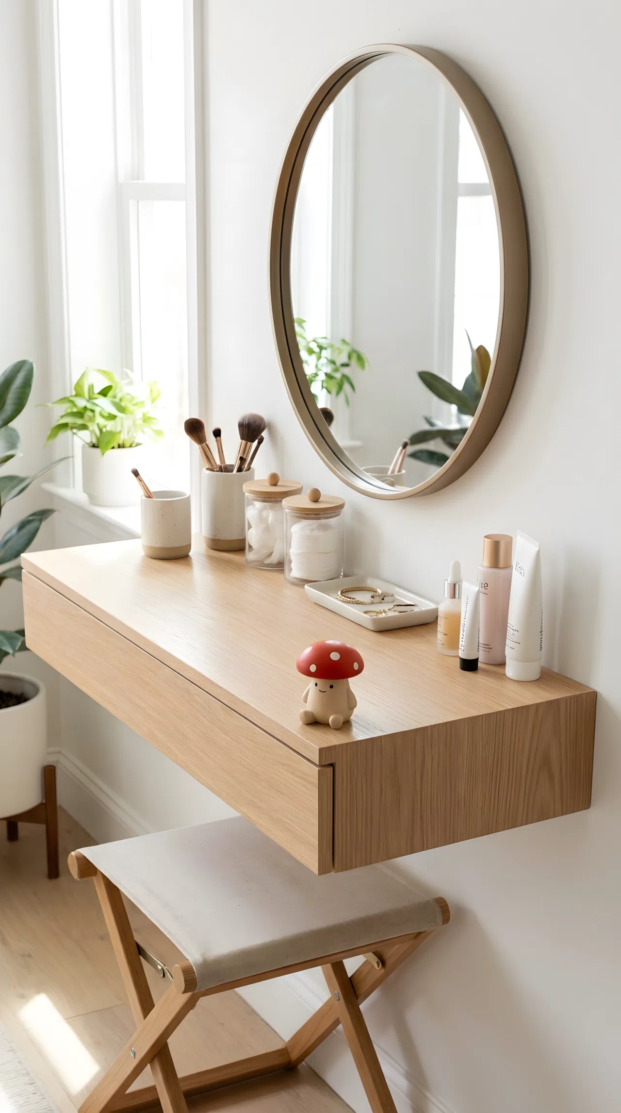 Real-life photo of a floating wall-mounted bedroom vanity shelf with small mirror, fold-away stool underneath, neatly made surface, beautifully arranged makeup essentials, small red mushroom toy figurine on the shelf edge, bright natural light, clean and organized, vibrant stock photography.