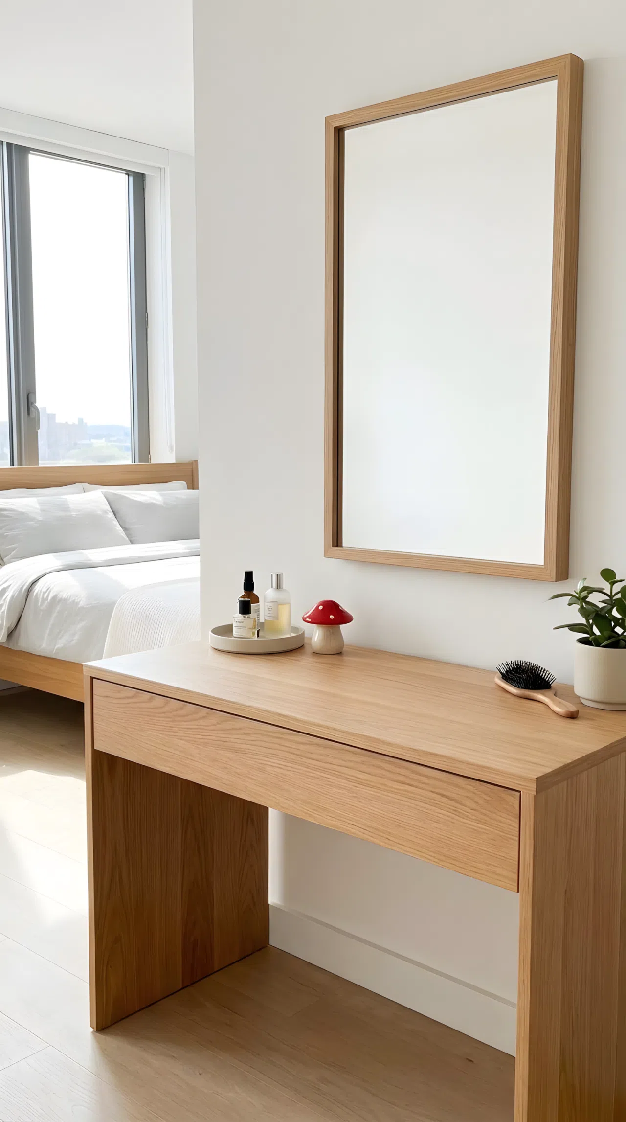 Real-life photo of a minimalist bedroom vanity with clean straight lines, single neutral wood tone, plain rectangular mirror, neatly made surface with only a few essential items, small red mushroom toy figurine placed at the center, bright natural light, clean and organized, vibrant stock photography.