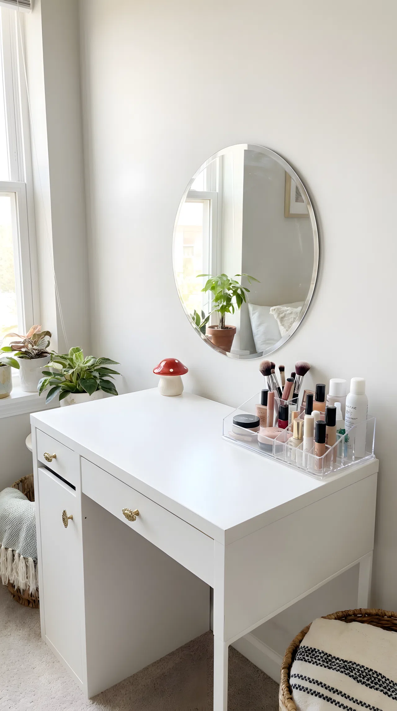 Real-life photo of a hacked IKEA table turned into a bedroom vanity, new drawer pulls, stick-on mirror attached to the wall above, neatly made surface, beautifully arranged makeup tray, small red mushroom toy figurine near the mirror base, bright natural light, clean and organized, vibrant stock photography.