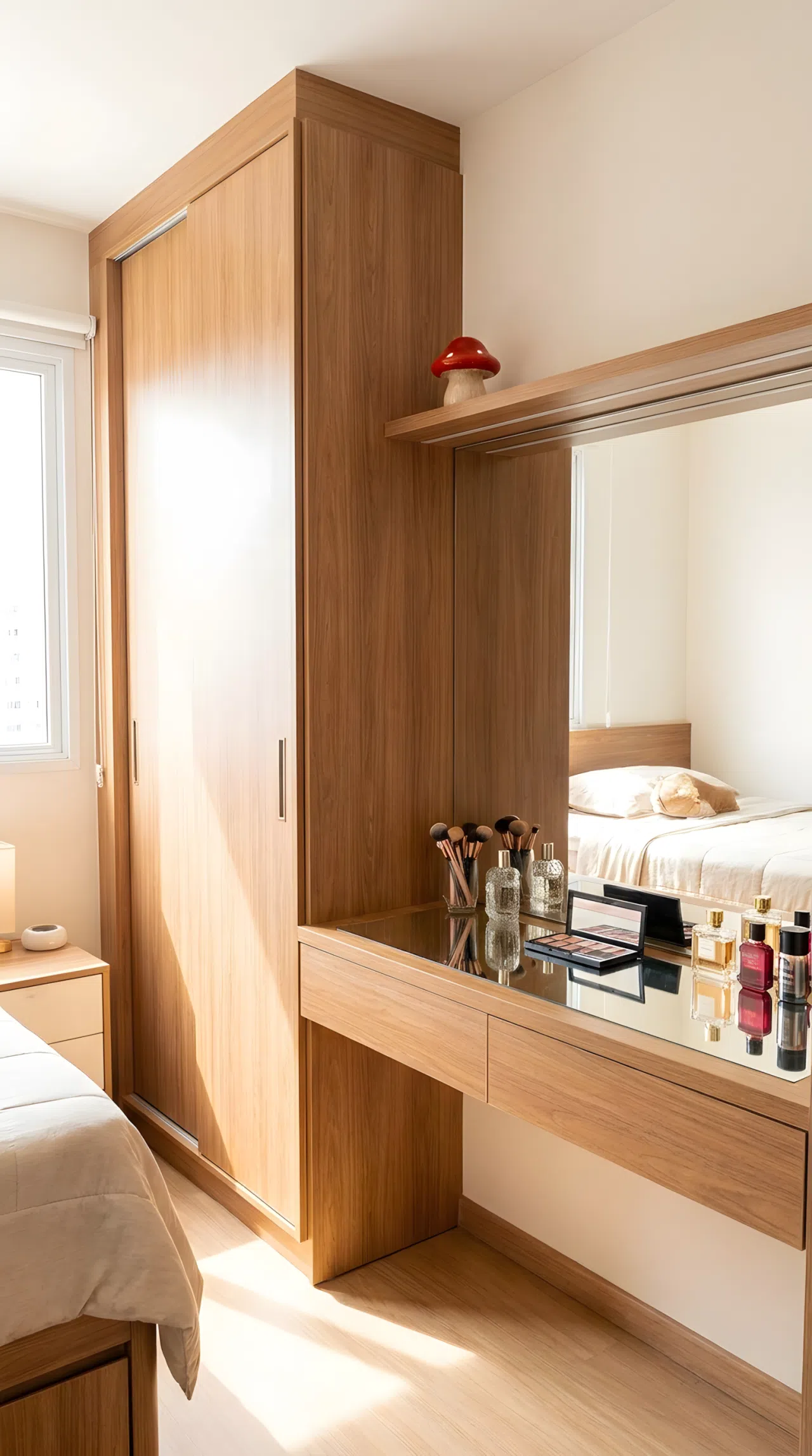 Real-life photo of a bedroom wardrobe with a built-in vanity extension on one side, mirrored table section, neatly made surface, beautifully arranged makeup items, small red mushroom toy figurine on the vanity ledge, bright natural light, clean and organized, vibrant stock photography.