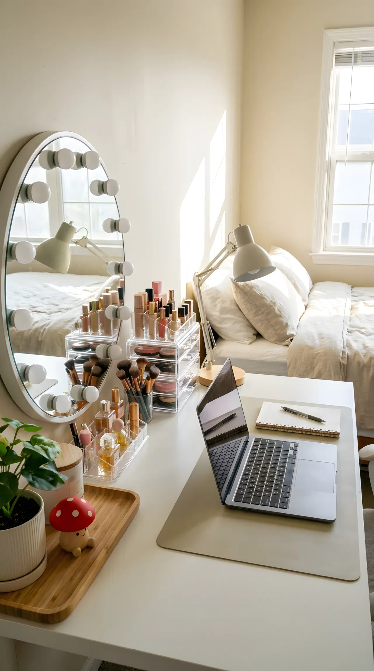 Real-life photo of a combined desk and vanity station in a bedroom, one side with mirror and organized makeup, other side with a laptop, neatly made setup, beautifully arranged trays, small red mushroom toy figurine sitting near the mirror, bright natural light, clean and organized, vibrant stock photography.