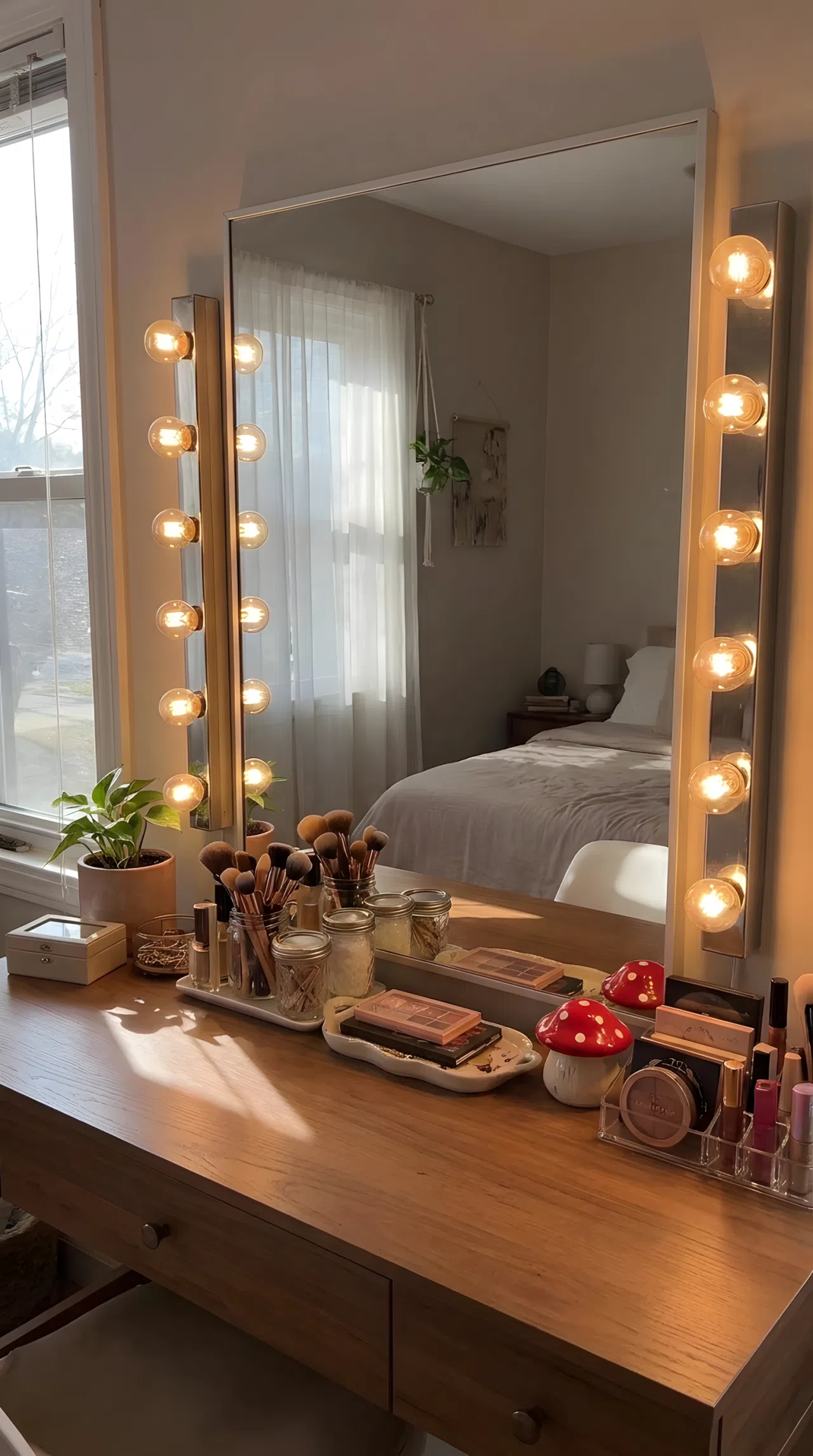 Real-life photo of a bedroom vanity mirror with light bulbs positioned vertically on both sides at eye level, soft even glow lighting the face area, neatly made vanity top, beautifully arranged makeup, small red mushroom toy figurine on the table, bright natural light mixing with warm bulb light, clean and organized, vibrant photography.