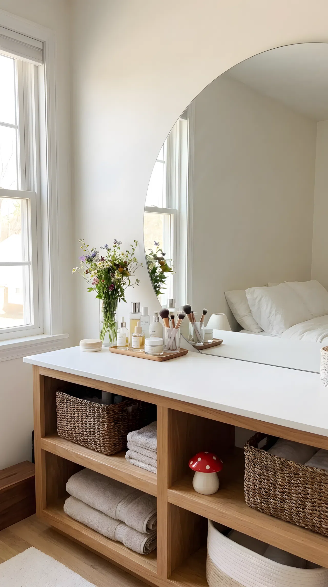 Real-life photo of a bedroom vanity with a wide wraparound curved mirror, slim frame, open shelving underneath, neatly made surface, beautifully arranged skincare items, small red mushroom toy figurine on the shelf, bright natural light, clean and organized, vibrant stock photography style.