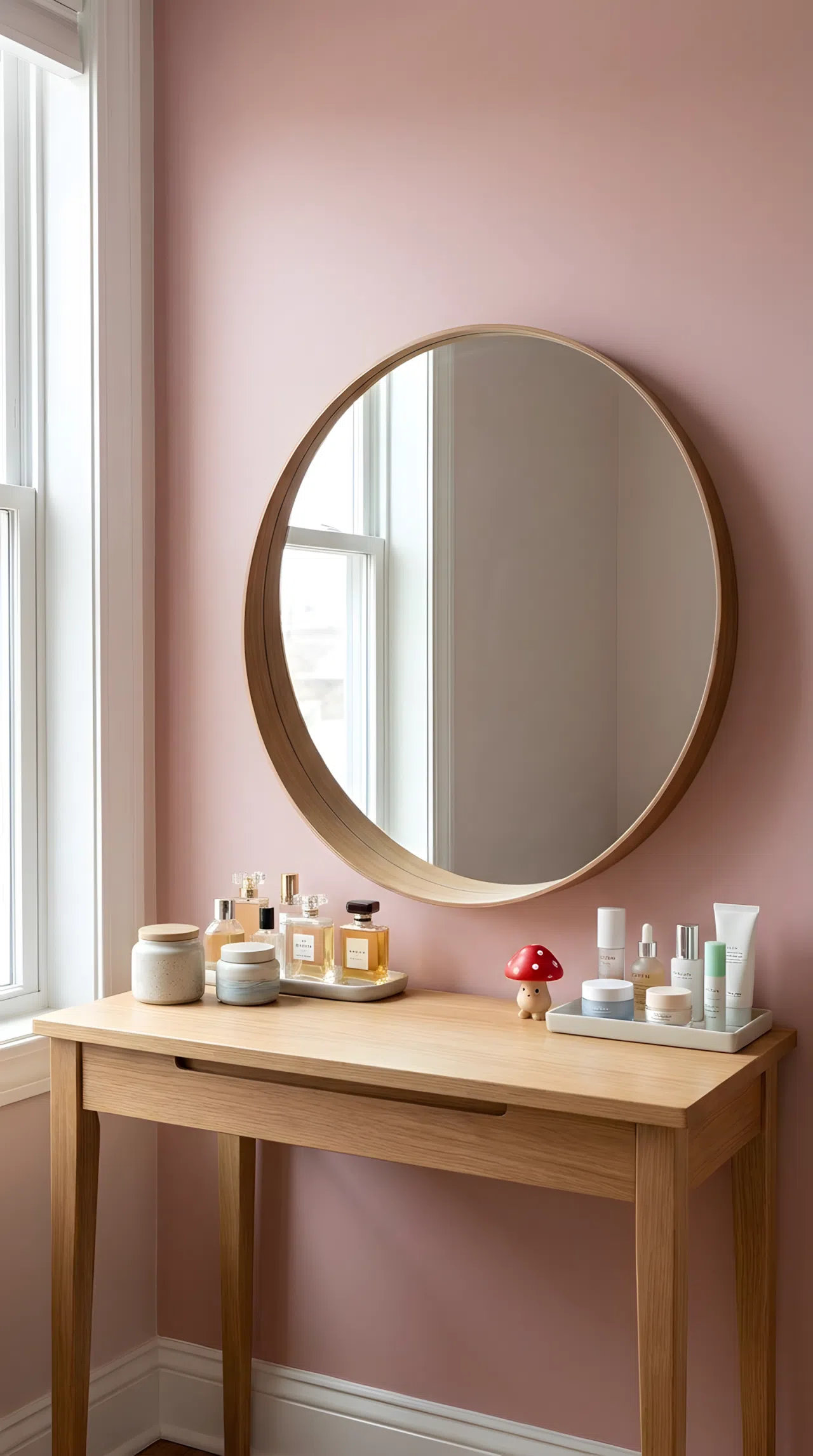 Real-life photo of a bedroom vanity against a dusty rose pastel accent wall (RGB 224, 187, 189), simple wood table, round mirror, neatly made surface, beautifully arranged perfume and skincare items, small red mushroom toy figurine on the table, bright natural light, clean and vibrant stock photography.