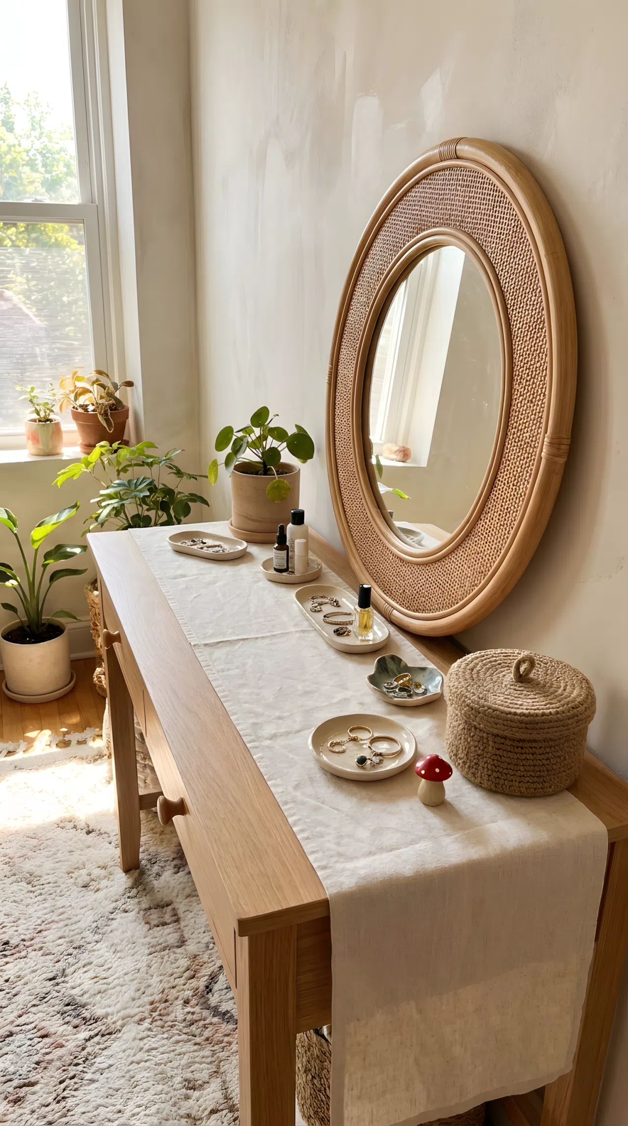 Real-life photo of a boho bedroom vanity with rattan-framed round mirror, woven storage basket, linen table runner, neatly made surface, beautifully arranged ceramic trays, small red mushroom toy figurine sitting on the runner, bright natural light, clean and organized, vibrant stock photography.