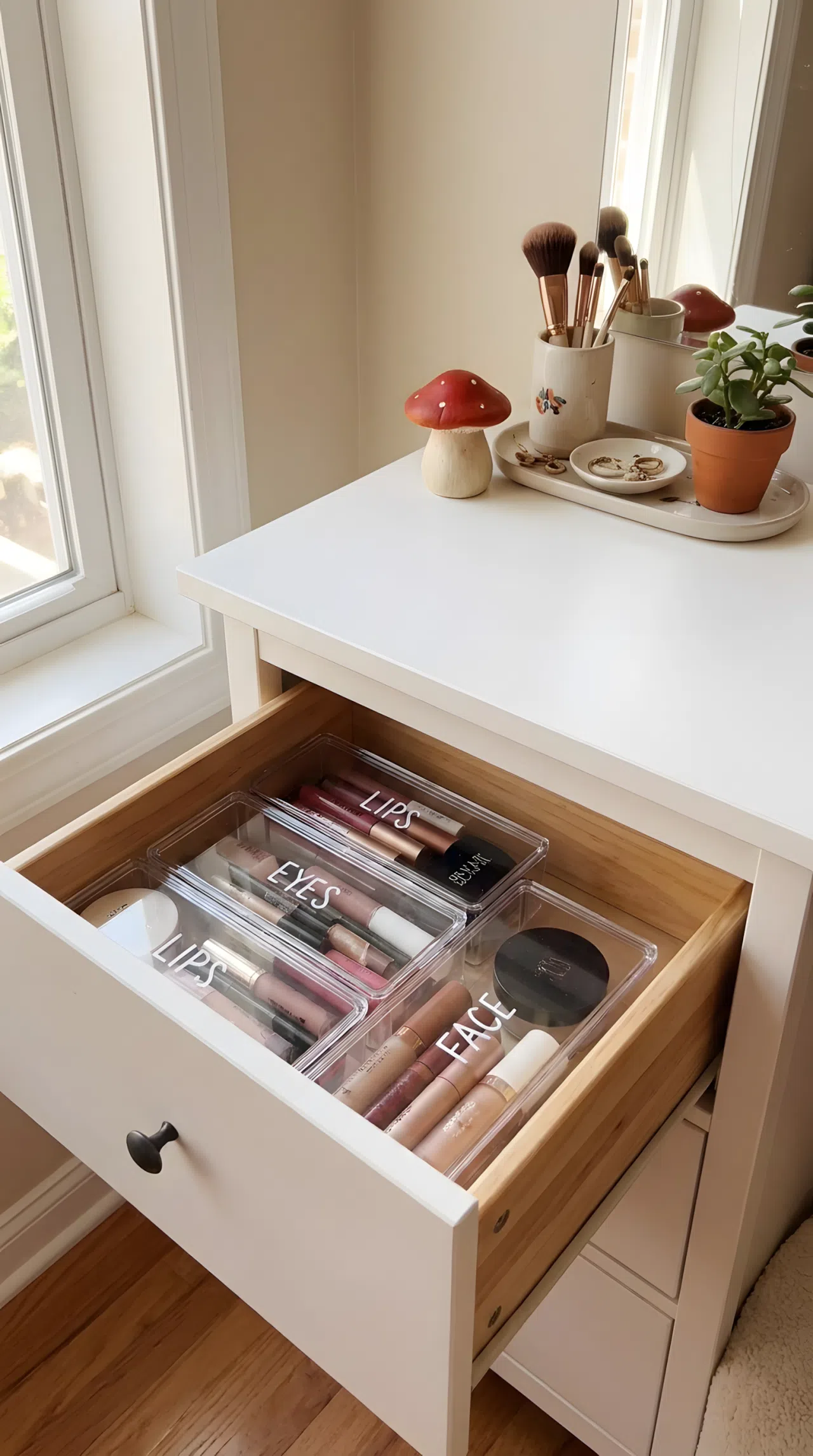 Real-life photo of an open bedroom vanity drawer with slim labeled organizers sorting makeup by category, neatly made vanity top above with minimal items, beautifully arranged, small red mushroom toy figurine placed near the drawer, bright natural light, clean and organized, vibrant stock photography.