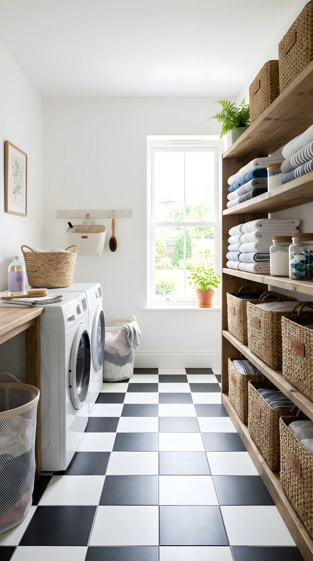 Real-life stock photo style, black and white checkerboard tile floor in a bright laundry room, white walls, neatly made shelf with woven baskets, beautifully arranged folded towels, clean and organized, bright natural light, vibrant colors, no people, no text overlay