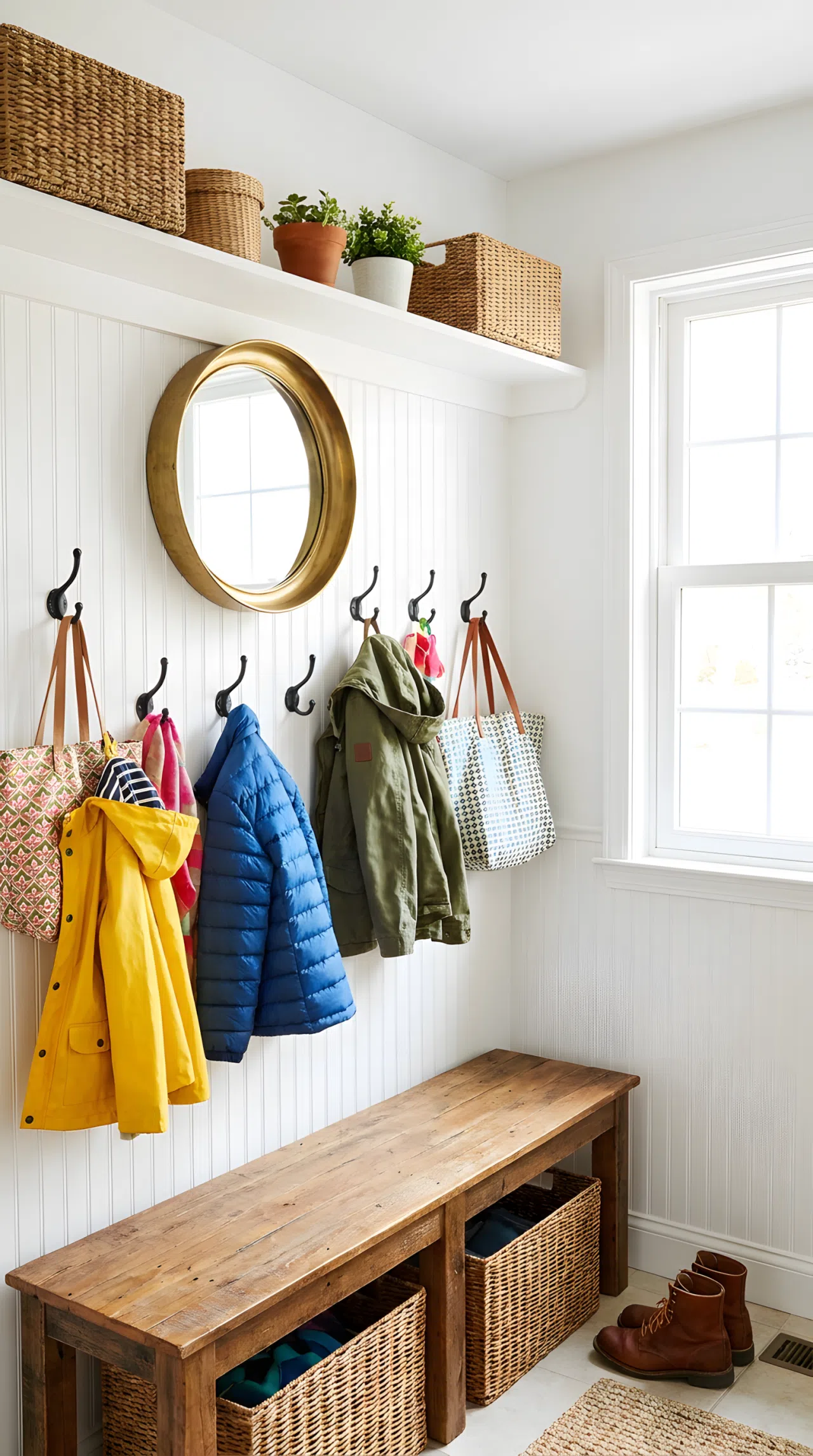 Real-life stock photo style, wood mudroom bench with black iron hooks, round brass mirror above, coats and bags neatly arranged, beautifully arranged, organized, clean, bright natural light, vibrant colors, no people, no text overlay