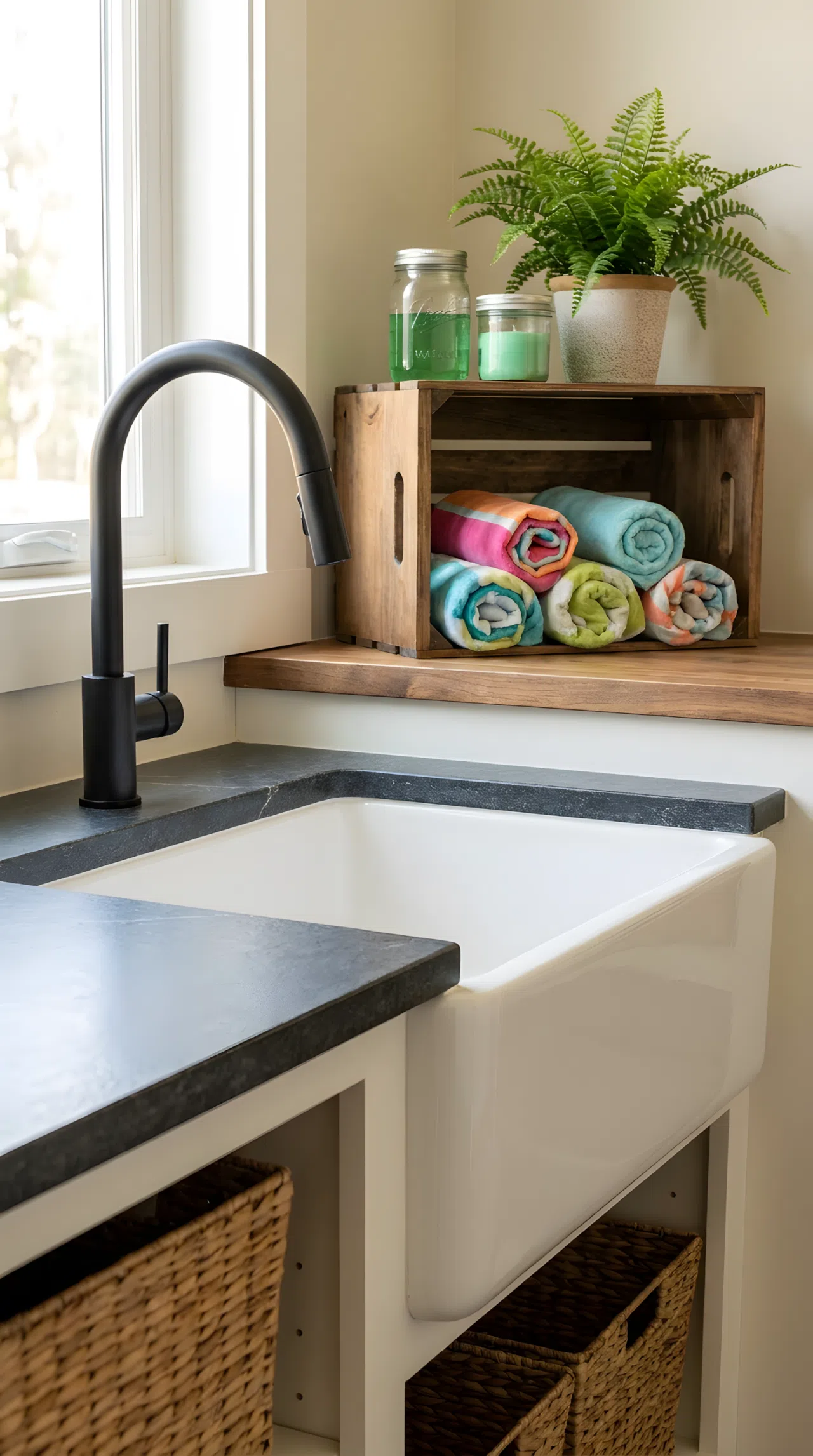 Real-life stock photo style, matte black faucet over a deep white utility sink, stone basin, neatly made, beautifully arranged, organized, clean, bright natural light, vibrant colors, no people, no text overlay