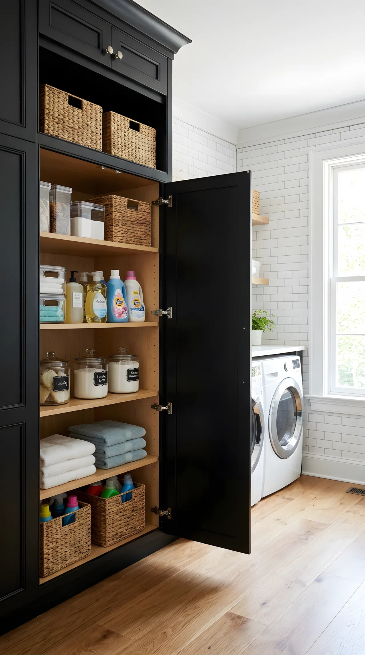 Real-life stock photo style, tall black floor to ceiling pantry cabinet in a laundry room, open door showing adjustable shelving with bins, neatly made, beautifully arranged, organized, clean, bright natural light, vibrant colors, no people, no text overlay