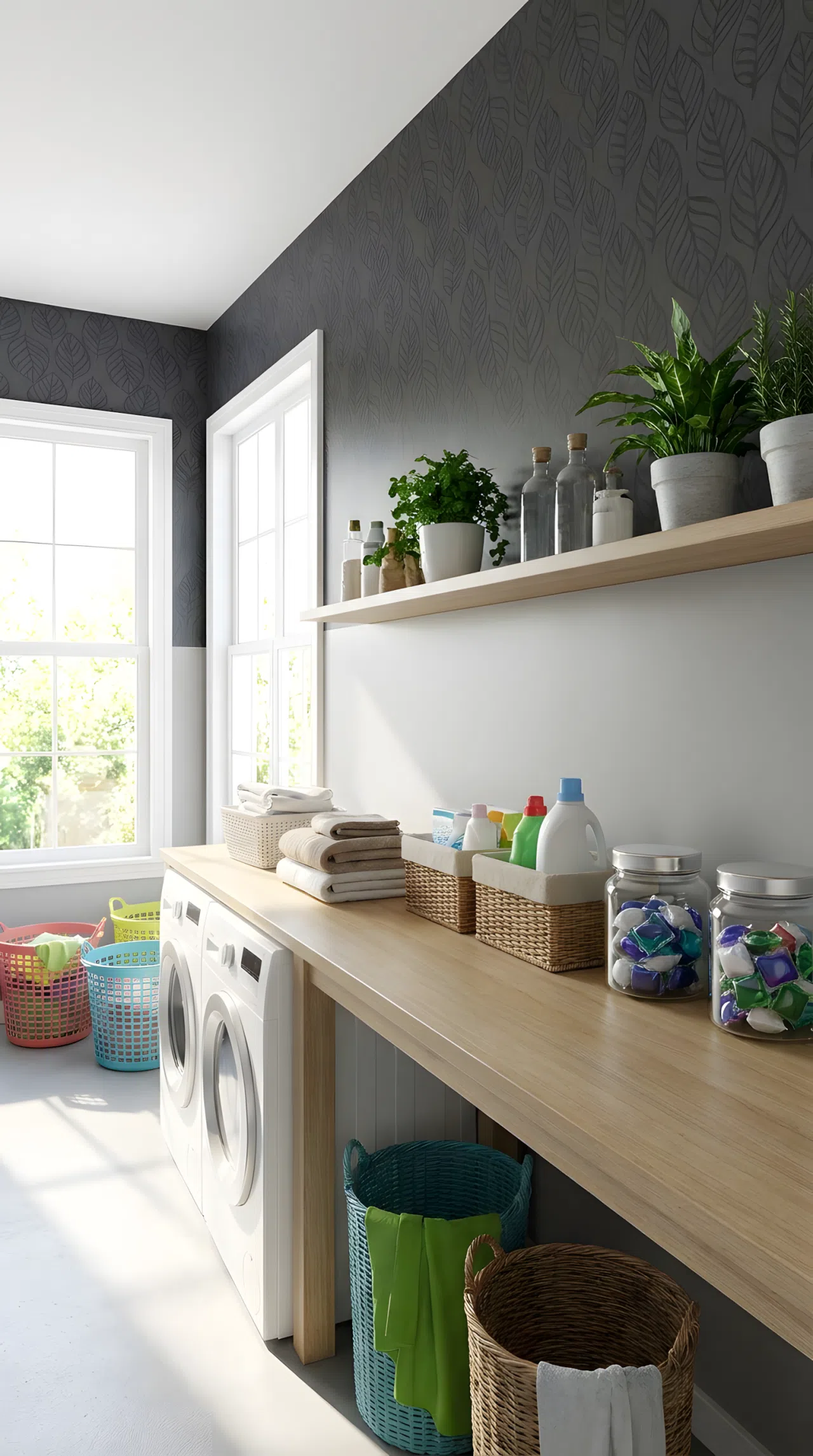 Real-life stock photo style, subtle black leaf pattern wallpaper on upper wall above laundry counter, wipeable painted lower wall, neatly made, beautifully arranged, organized, clean, bright natural light, vibrant colors, no people, no text overlay