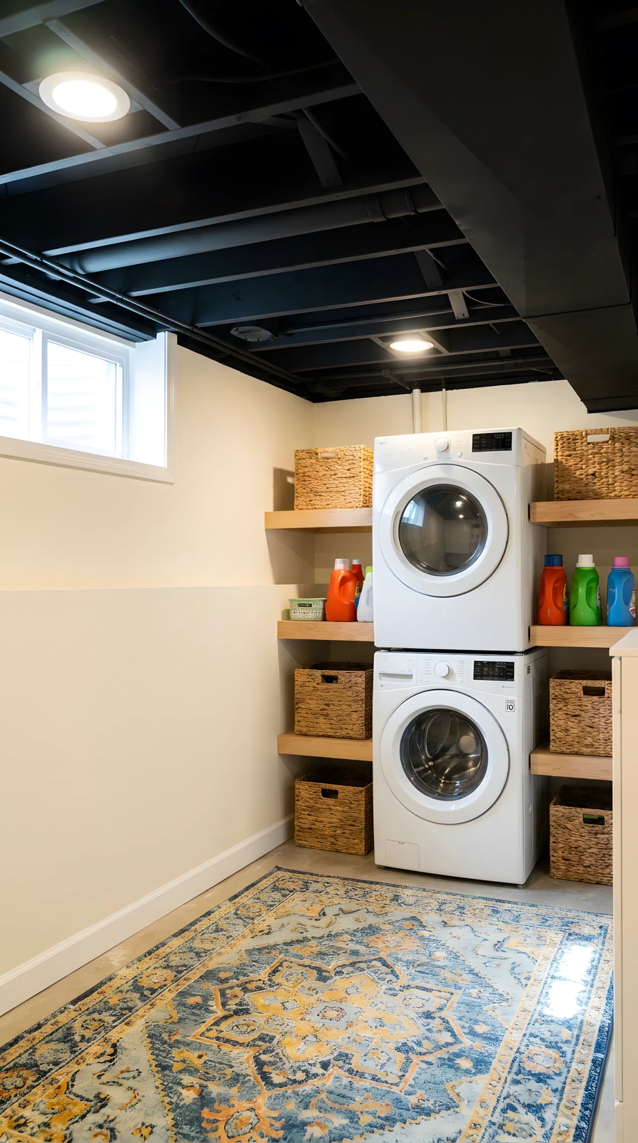 Real-life stock photo style, basement laundry room with black painted ceiling hiding ductwork, recessed lighting, lighter wall tone below, neatly made, beautifully arranged, organized, clean, bright natural light, vibrant colors, no people, no text overlay