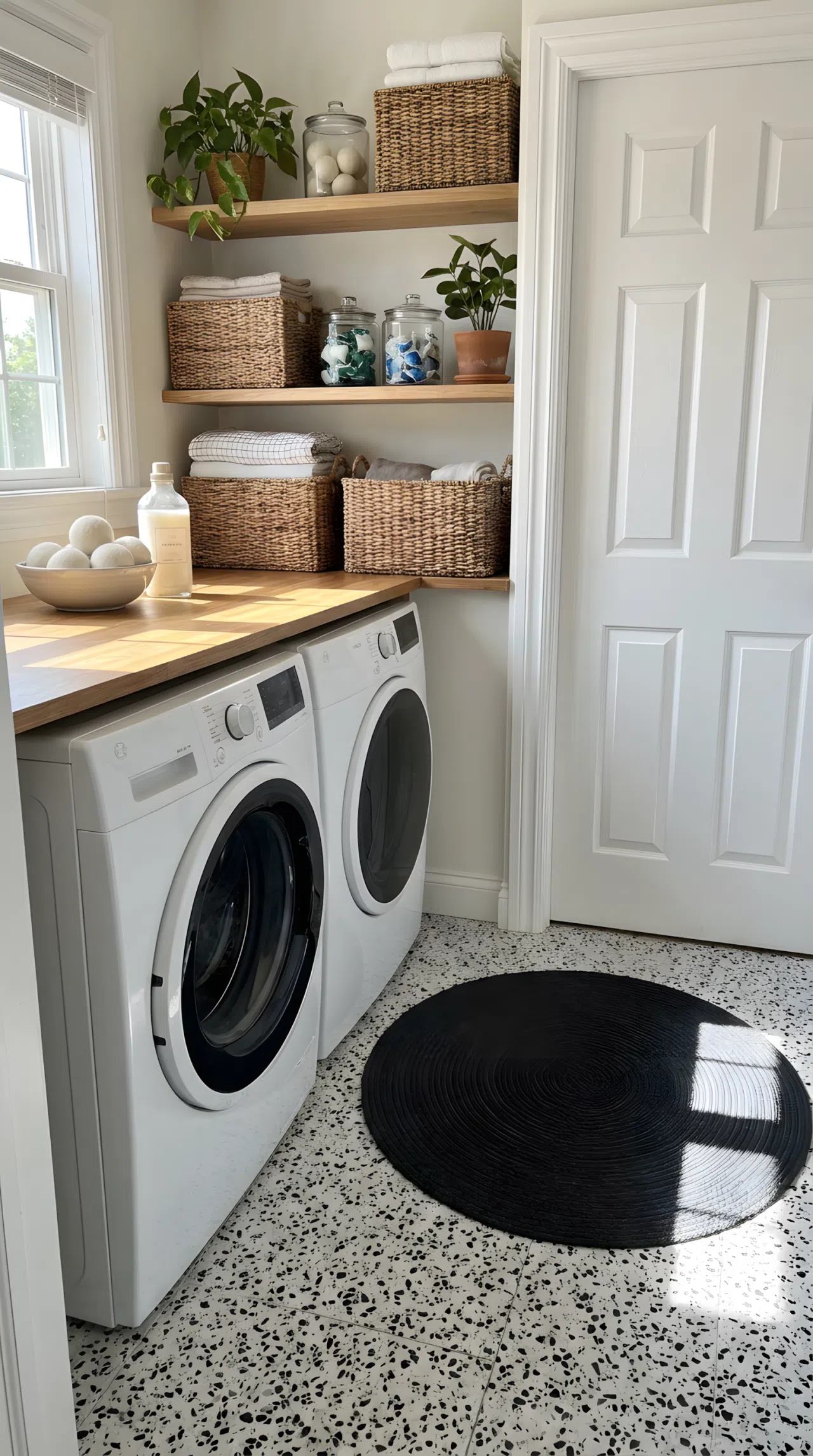 Real-life stock photo style, black and white speckled terrazzo floor in a laundry room, white walls, round black bath mat by door, neatly made, beautifully arranged, organized, clean, bright natural light, vibrant colors, no people, no text overlay