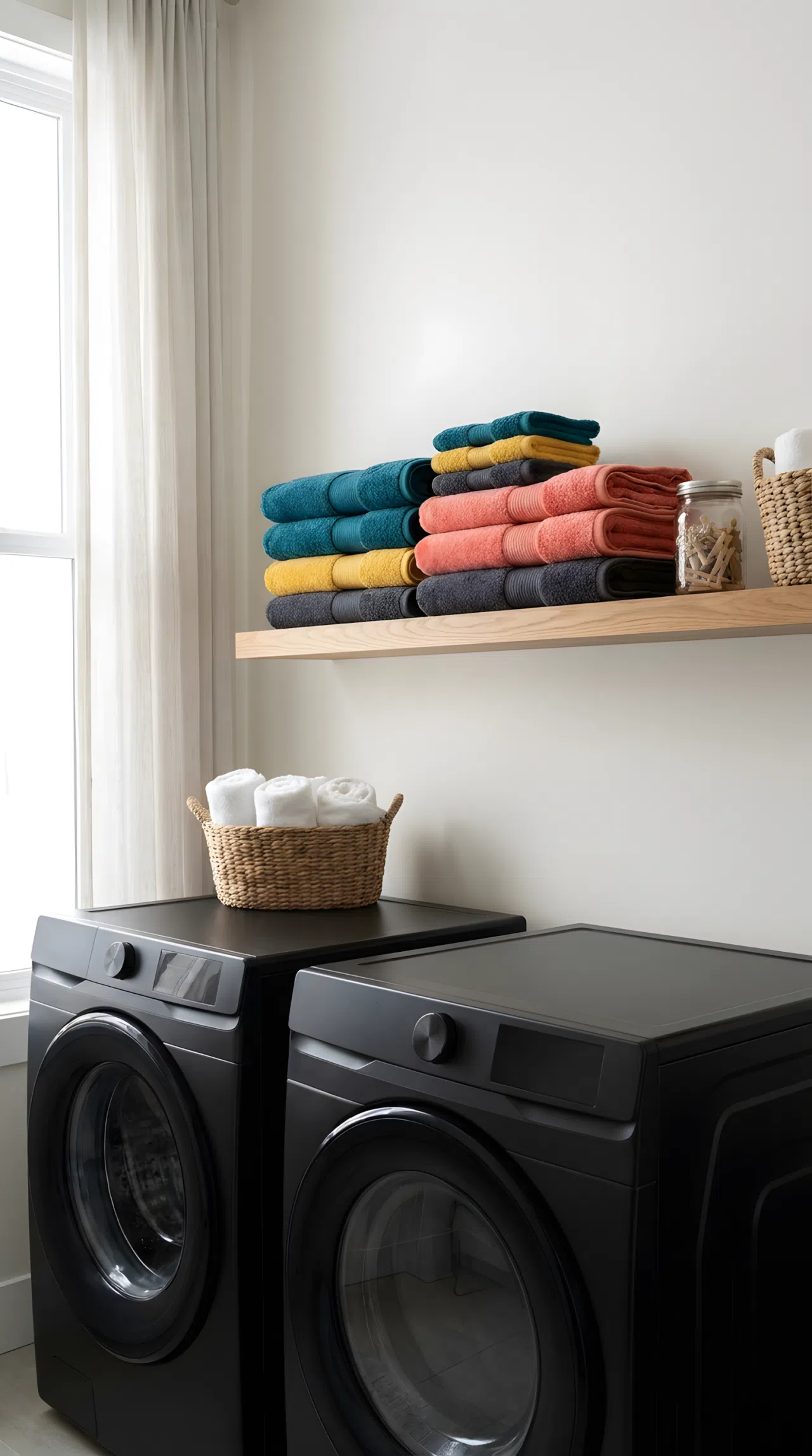 Real-life stock photo style, matte black washer and dryer against a soft white wall, slim wood shelf above with neatly folded towels, beautifully arranged, organized, clean, bright natural light, vibrant colors, no people, no text overlay
