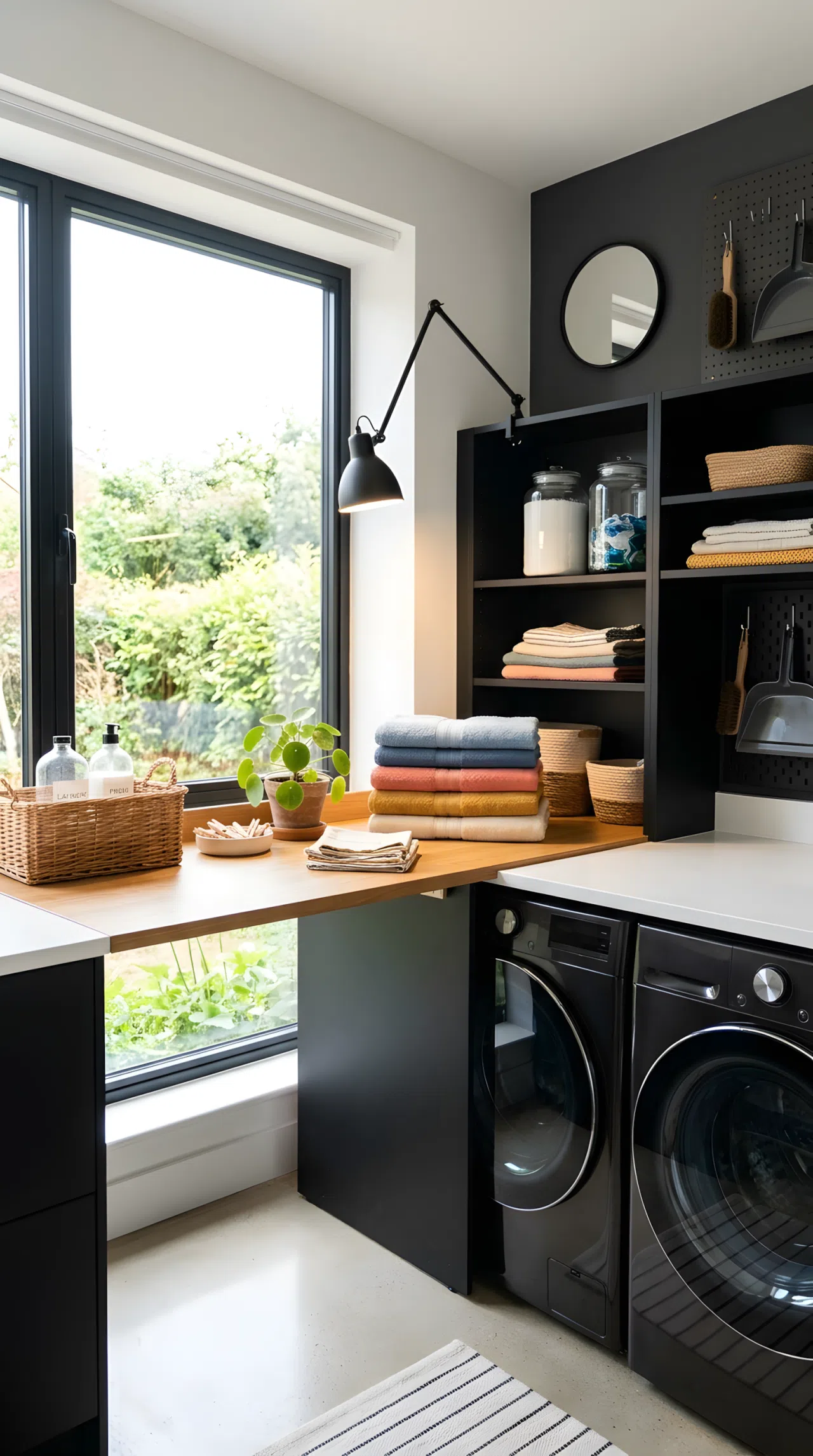 Real-life stock photo style, black laundry room with a bare window and sheer panel, daylight streaming low and wide across a folding counter, single task light angled downward, neatly made, beautifully arranged, organized, clean, bright natural light, vibrant colors, no people, no text overlay