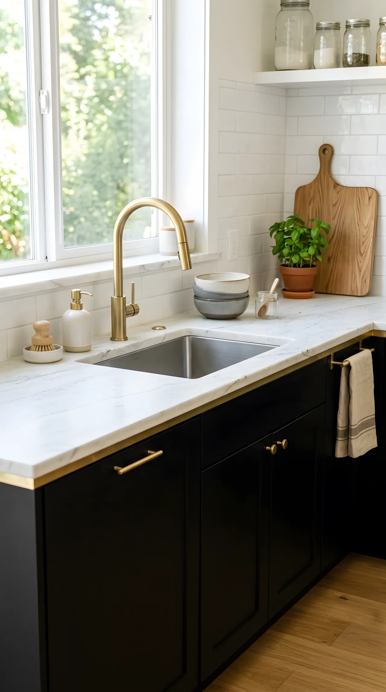 Real-life stock photo style, black lower cabinets with white honed marble countertop, subtle brass inlay edge, sink area, neatly made, beautifully arranged, organized, clean, bright natural light, vibrant colors, no people, no text overlay, marble RGB(245,245,240) countertop
