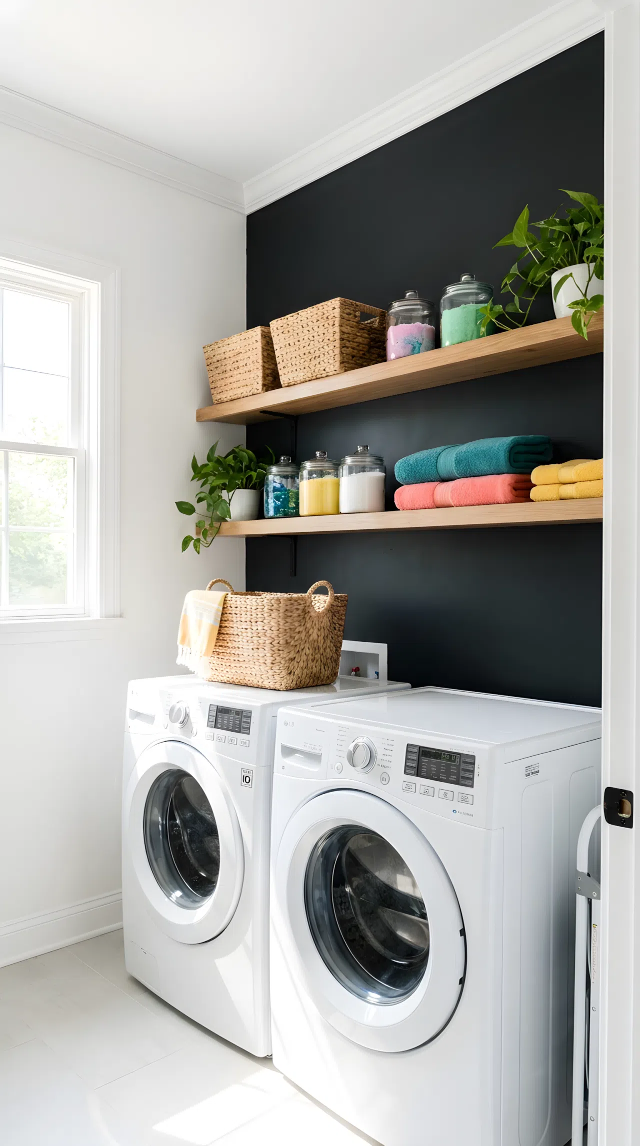 Real-life stock photo style, single black accent wall behind laundry machines, remaining walls crisp white with white trim, neatly made, beautifully arranged, organized, clean, bright natural light, vibrant colors, no people, no text overlay, accent wall RGB(18,18,18)