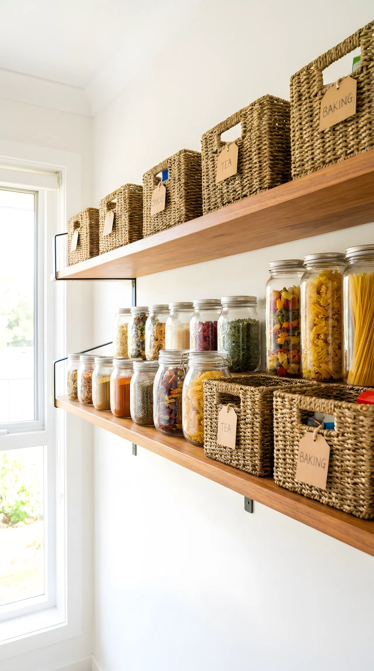 Real-life stock photo style, thin black steel shelf brackets with warm wood shelf, glass jars and labeled baskets neatly arranged, beautifully arranged, organized, clean, bright natural light, vibrant colors, no people, no text overlay