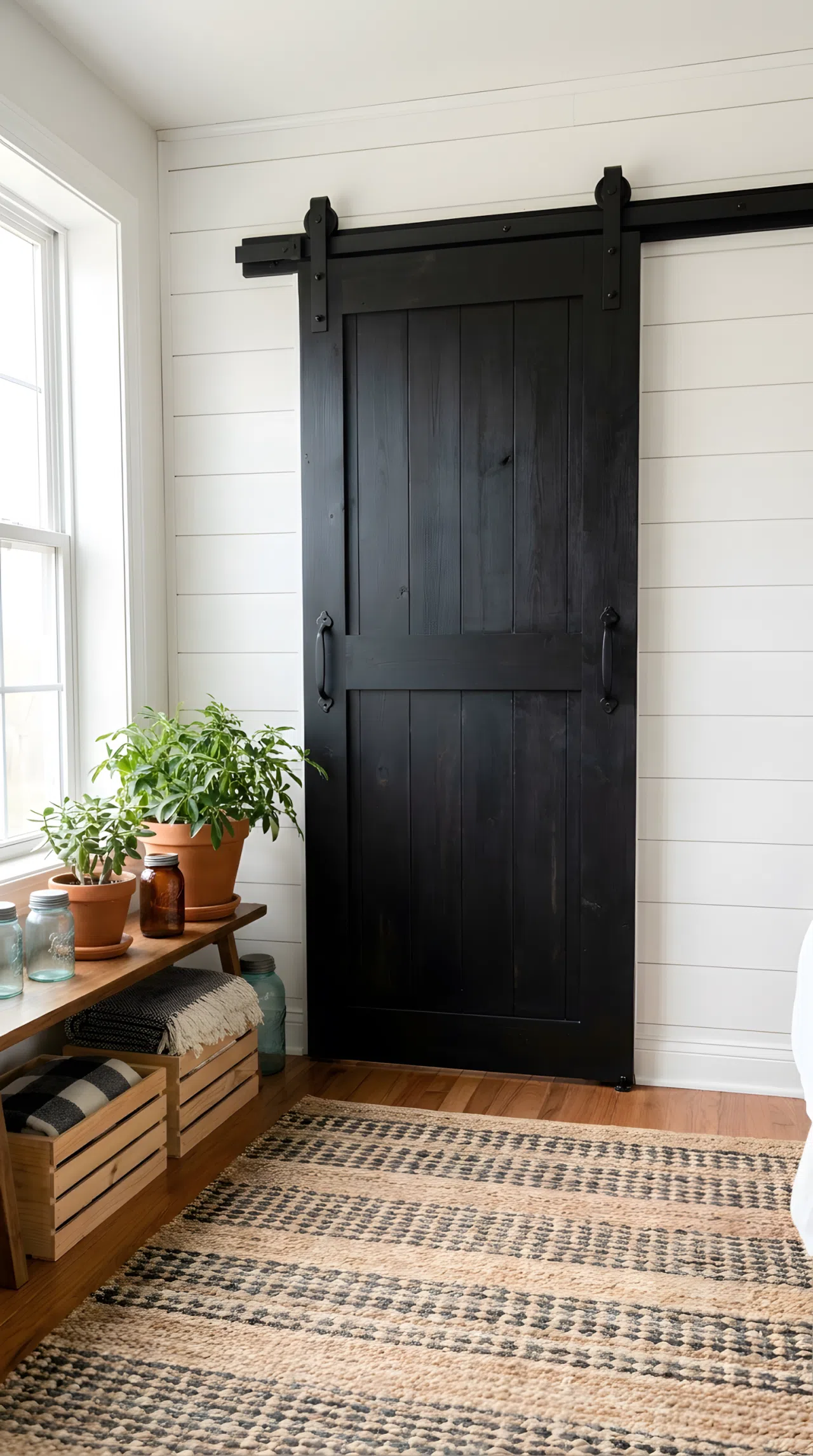 Real-life stock photo style, black barn door with black iron hardware sliding on shiplap wall, woven rug underfoot, neatly made, beautifully arranged, organized, clean, bright natural light, vibrant colors, no people, no text overlay