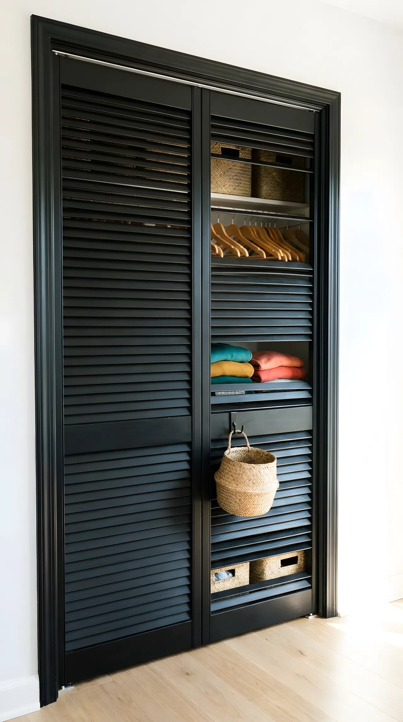 Real-life stock photo style, black slatted bifold closet door matching black trim, small black hook on exterior, neatly made, beautifully arranged, organized, clean, bright natural light, vibrant colors, no people, no text overlay
