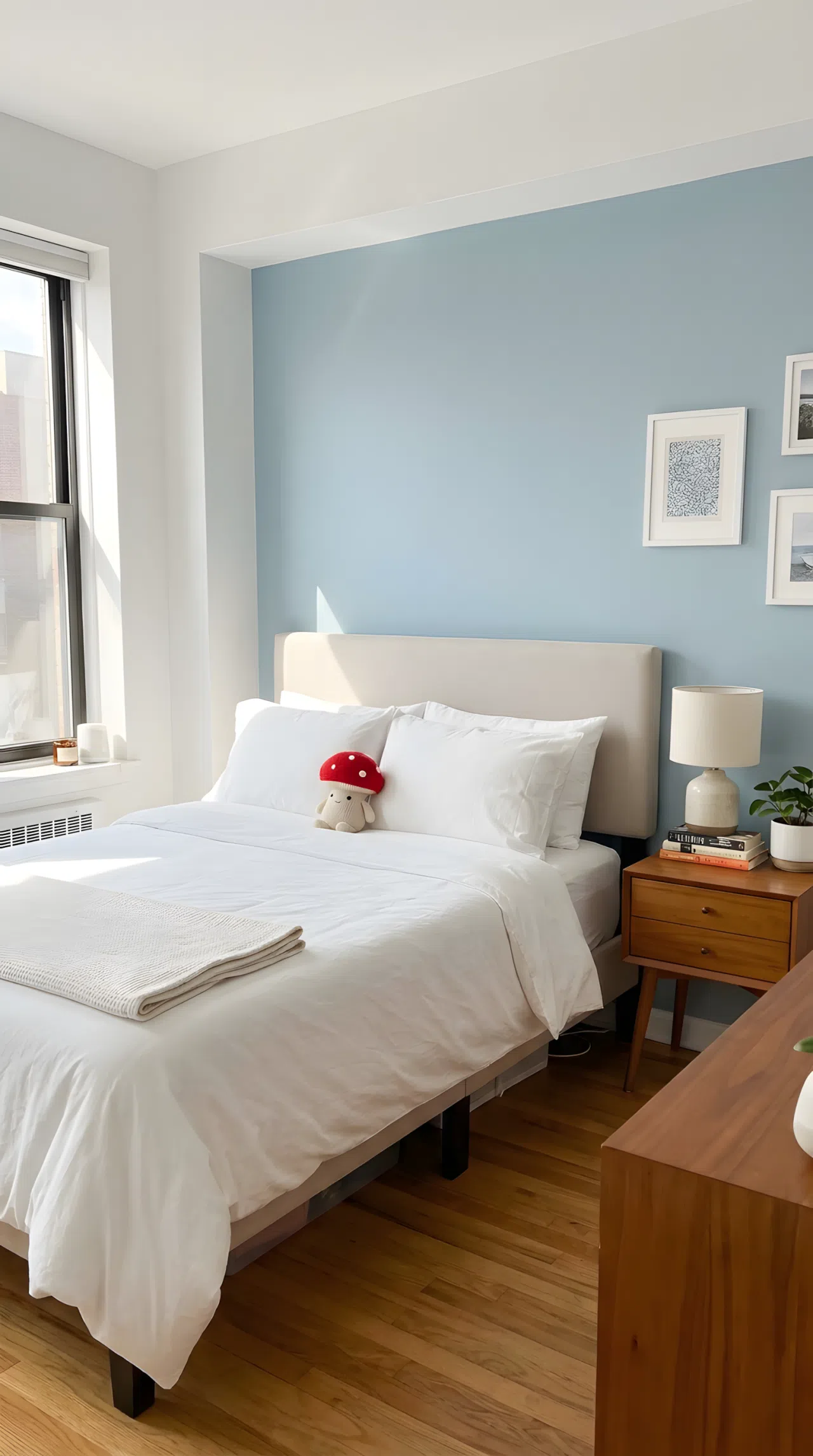 A neatly made bed with a soft cool blue accent wall (RGB 168, 196, 210) behind the headboard, white bedding beautifully arranged, warm wood nightstand, small red mushroom toy resting on the pillow, bright natural light from a side window, organized and clean bedroom, real-life photography style, vibrant colors, Pinterest-ready