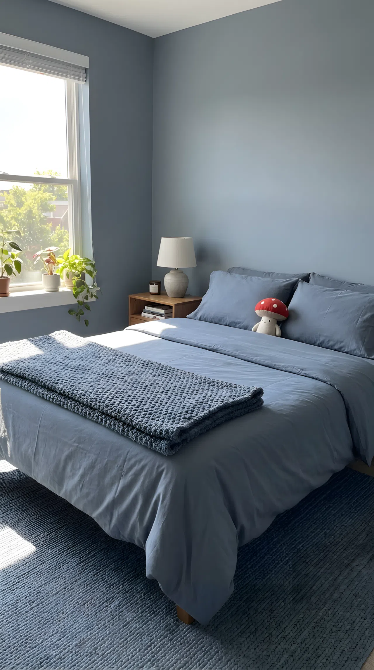 Neatly made bed with tone on tone blue-gray palette (RGB 130, 140, 148) across walls, bedding, and rug, nubby knit throw and smooth cotton sheets beautifully arranged, small red mushroom toy on the bed, bright natural light, organized and clean bedroom, real-life stock photography, vibrant, Pinterest-ready