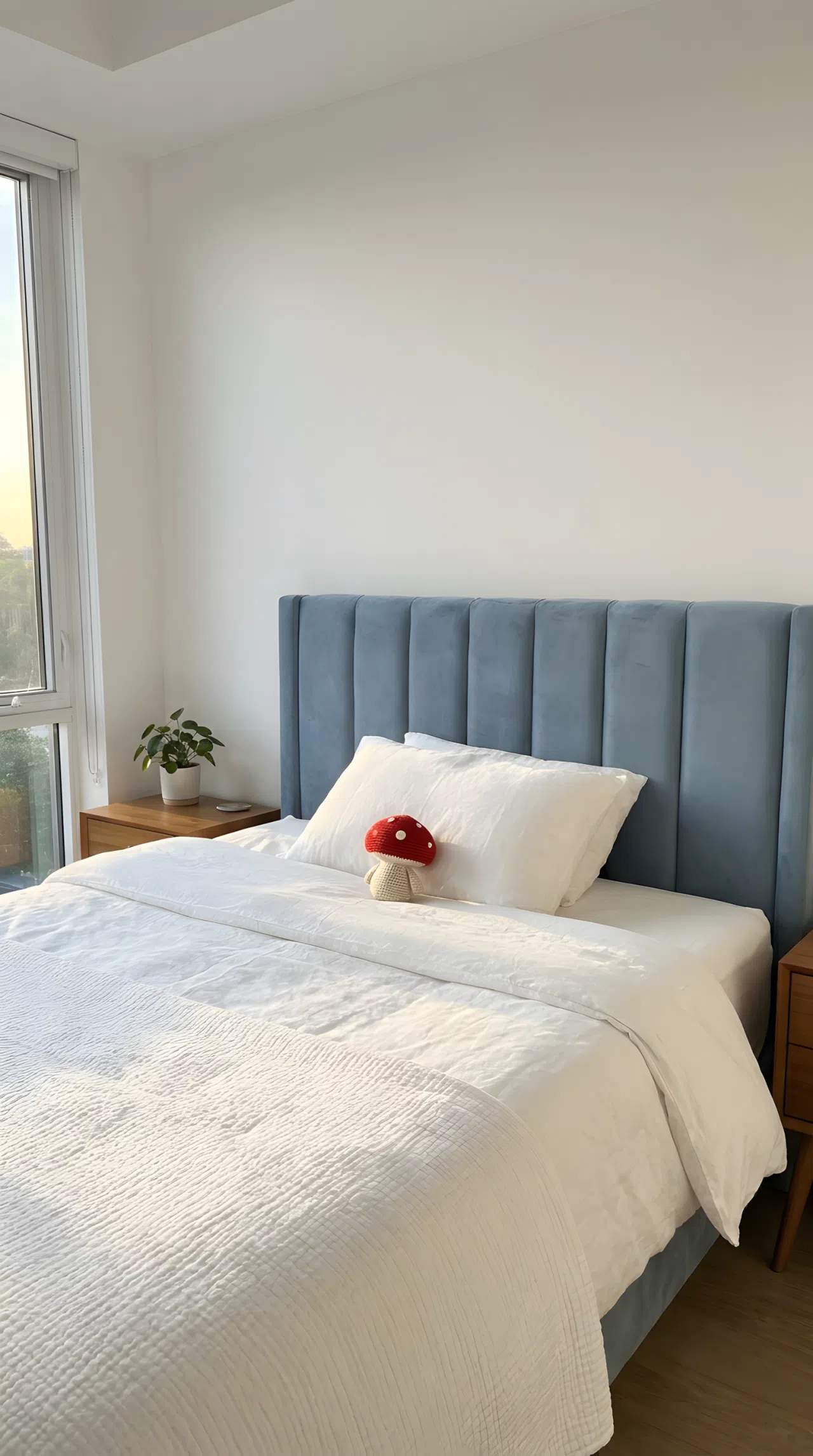 Neatly made bed with a channel tufted soft blue upholstered headboard (RGB 120, 150, 178) beautifully arranged against a plain white wall, plain bedding, small red mushroom toy on the pillow, bright natural light, clean and organized minimalist bedroom, real-life stock photography, vibrant, Pinterest-ready