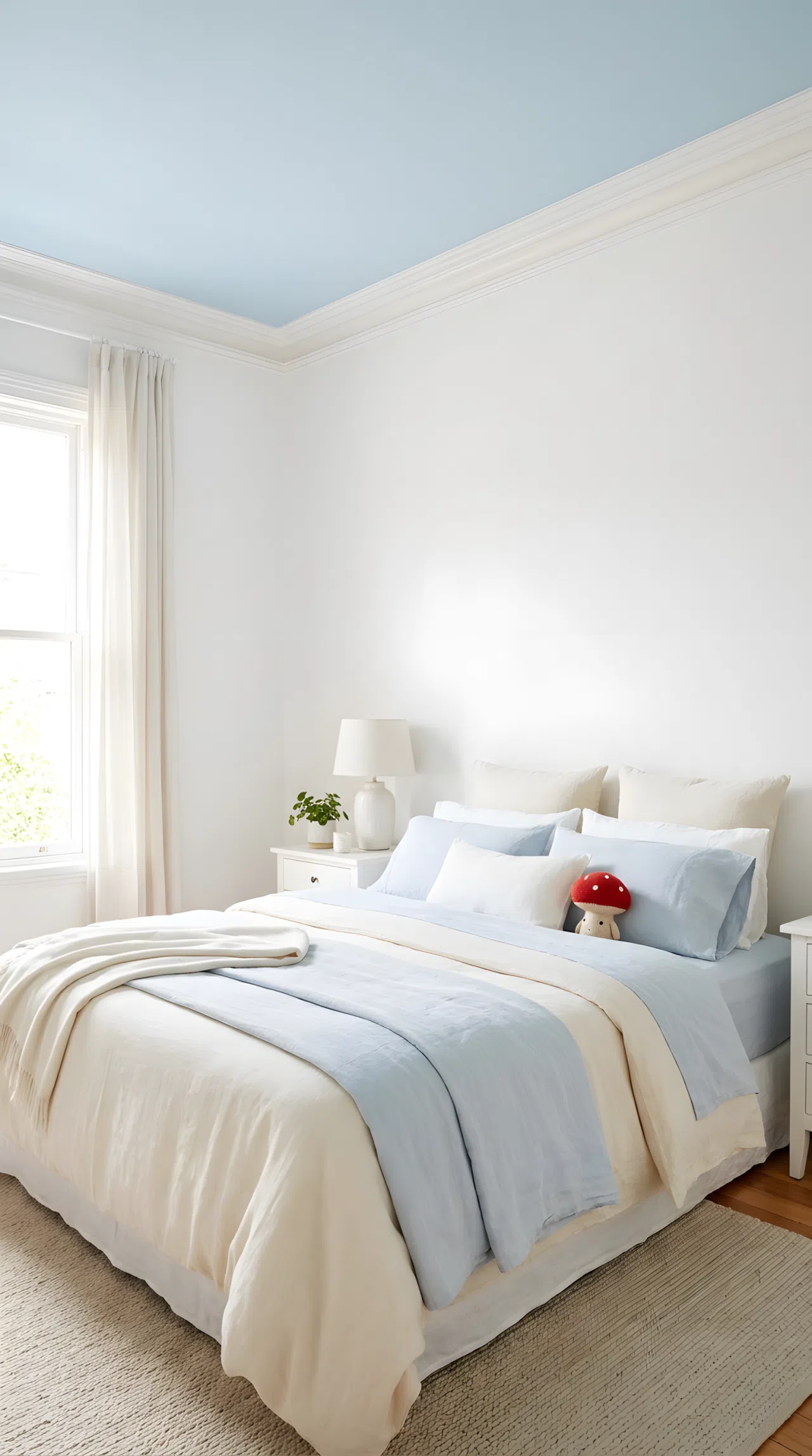 Neatly made bed in a white walled bedroom with a pastel sky blue ceiling (RGB 196, 220, 234), crown molding framing the color, beautifully arranged bedding, small red mushroom toy on the bed, bright natural light filling the room, organized and clean, real-life photography style, vibrant, Pinterest-ready
