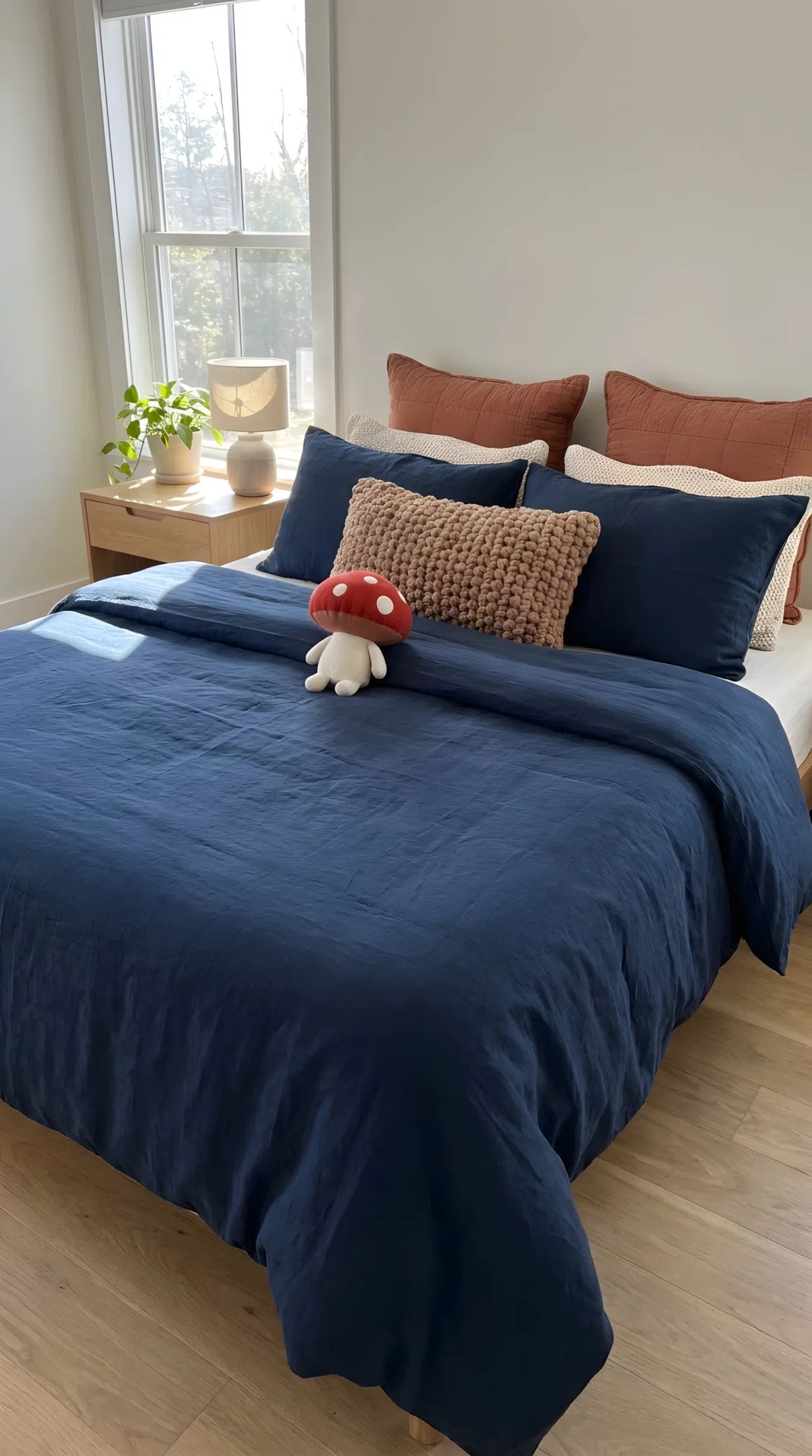 Neatly made navy blue bed (RGB 25, 42, 76) layered with warm terracotta and cream throw pillows beautifully arranged, one textured woven pillow, small red mushroom toy on the bed, bright natural light, clean and organized bedroom, real-life stock photography, vibrant, Pinterest-ready
