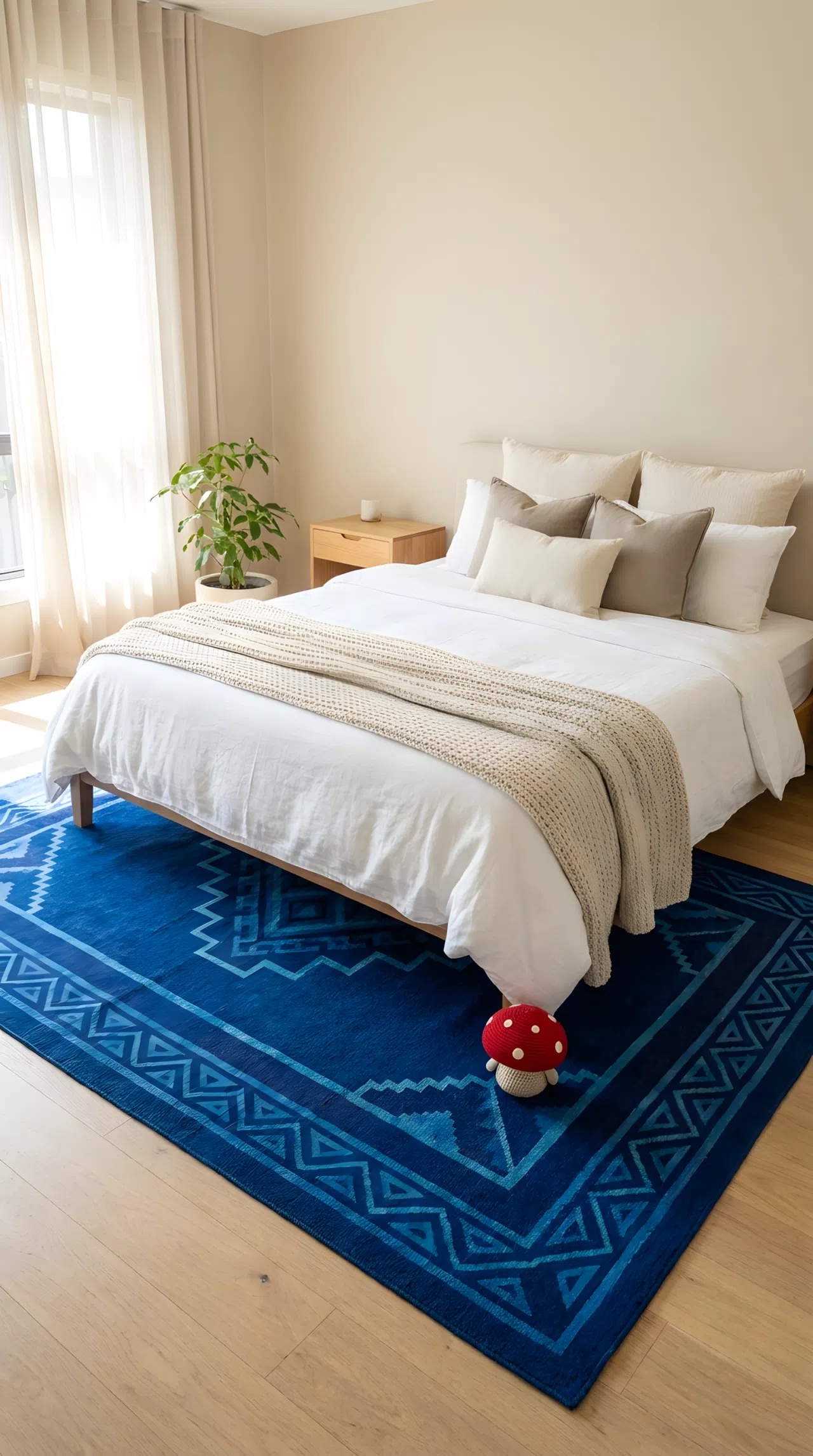 Neatly made bed in a beige neutral bedroom, bold blue patterned rug (RGB 45, 80, 130) beautifully arranged underneath extending past both sides of the bed, small red mushroom toy on the rug, bright natural light, clean and organized, real-life photography, vibrant, Pinterest-ready