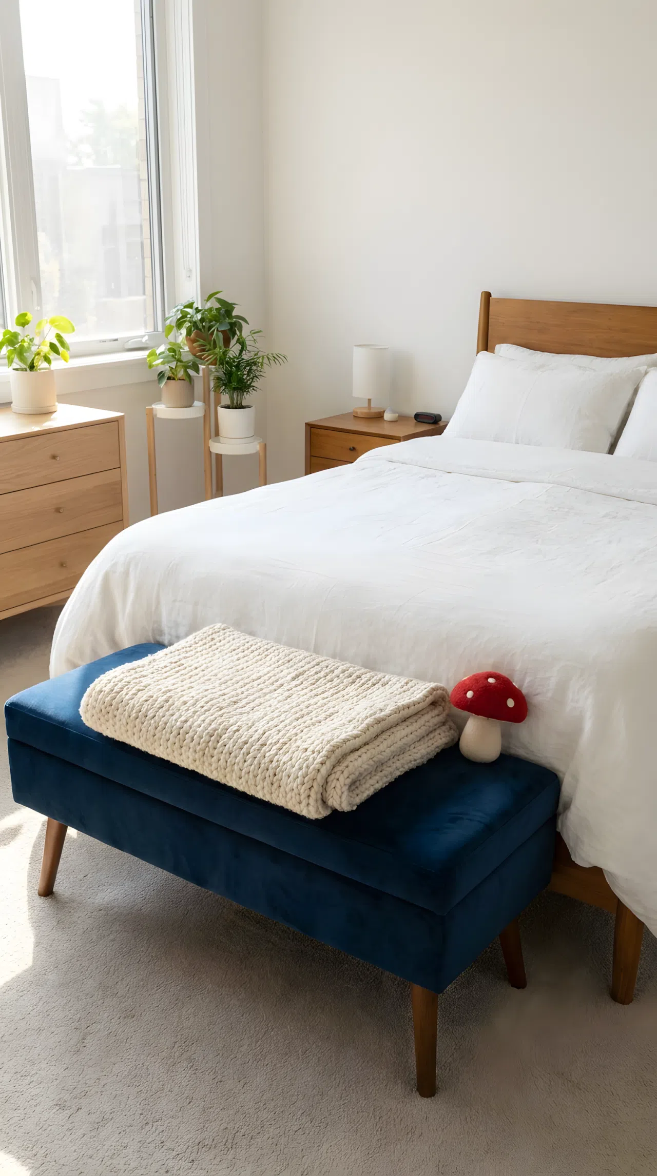 Neatly made bed with a rich blue velvet bench (RGB 40, 65, 110) with tapered wood legs positioned at the foot, folded blanket beautifully arranged on top, small red mushroom toy on the bench, bright natural light, clean and organized bedroom, real-life stock photography, vibrant, Pinterest-ready