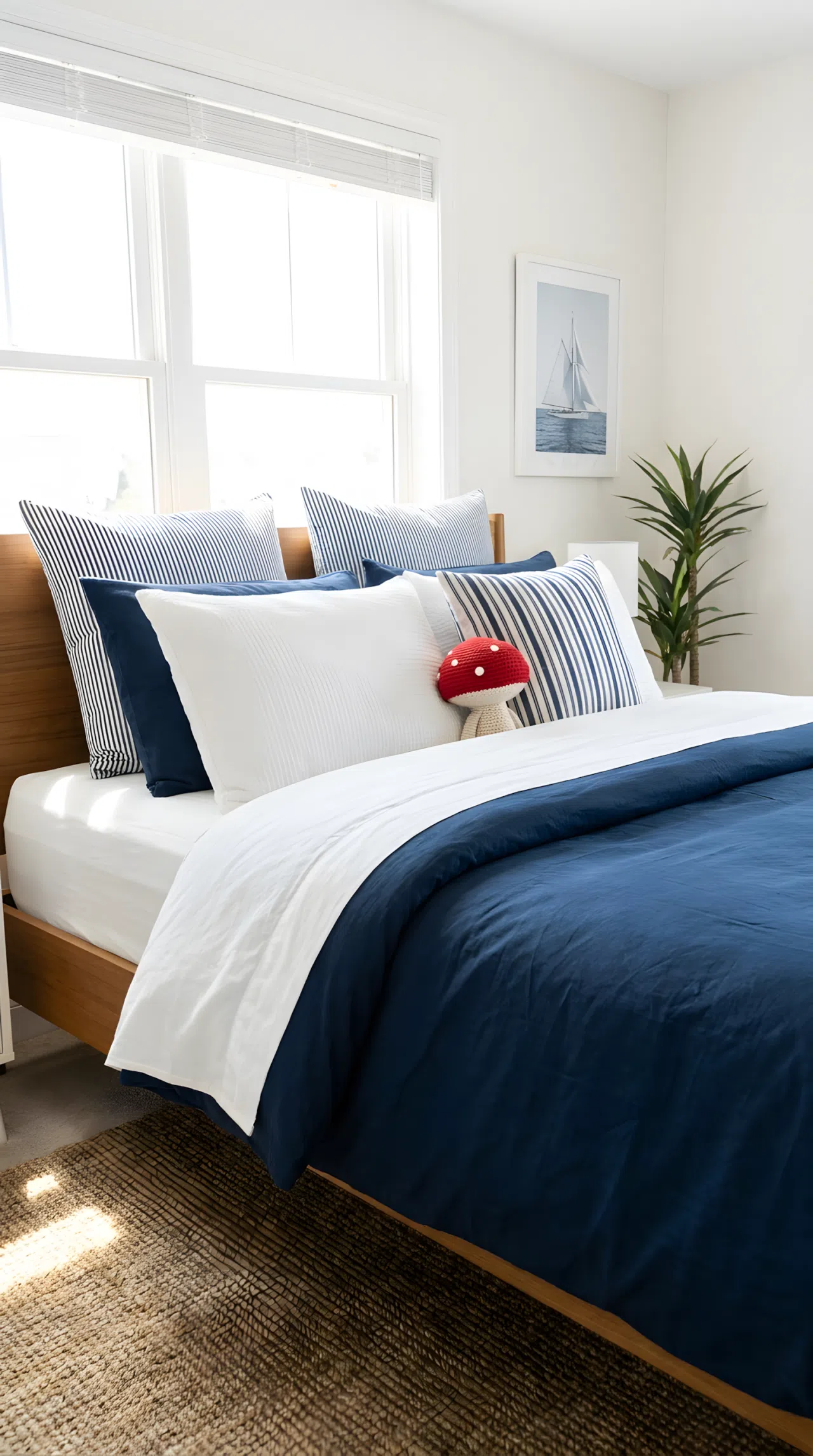 Small bedroom fully color drenched in deep navy blue (RGB 16, 34, 64) on walls and ceiling, neatly made bed with light beautifully arranged bedding, brass wall sconce positioned to cast warm reflected light across the room, small red mushroom toy on the bed, clean and organized, real-life photography, vibrant, Pinterest-ready