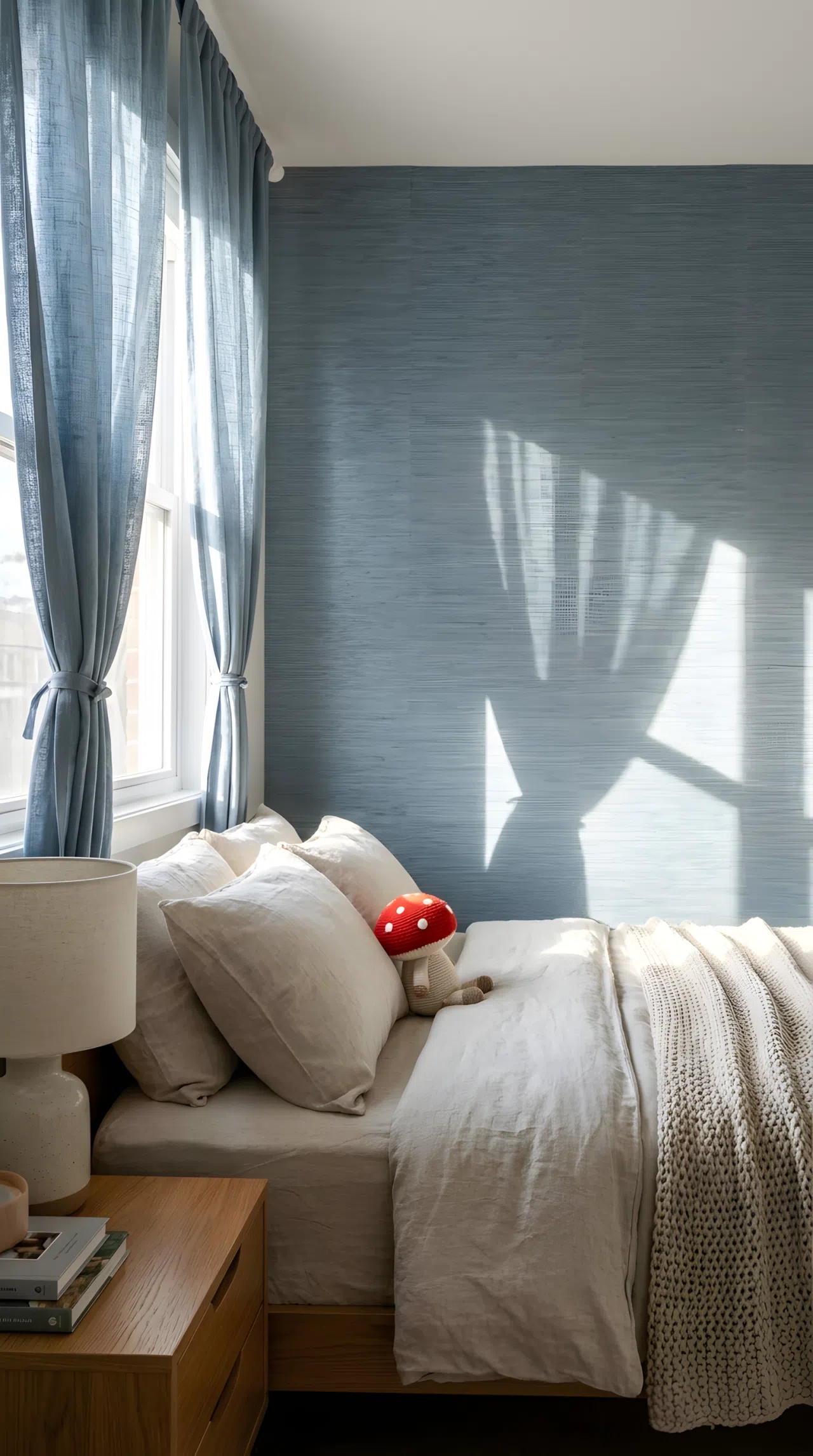 Neatly made bed against a textured blue-gray grasscloth wallpaper wall (RGB 108, 128, 140), linen curtains in matching tone beautifully arranged, small red mushroom toy on the bed, bright natural light angled to highlight the wallpaper weave, organized and clean bedroom, real-life stock photography, vibrant, Pinterest-ready